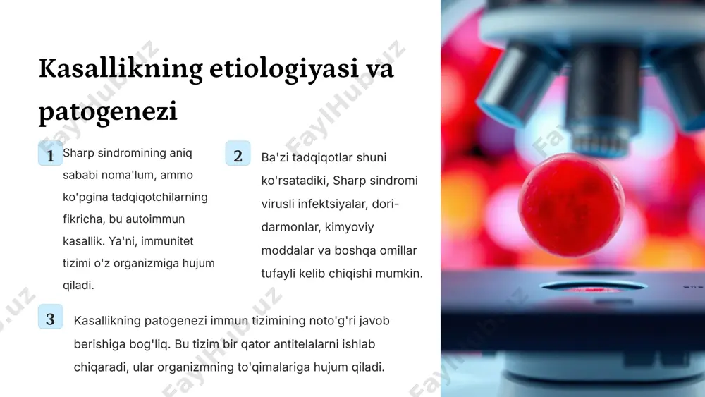 3 o'pka fibrozisi sharp sindromi o'pkada to'qimalarning qalinlashishiga olib kelishi mumkin. ‹#› profilaktika va dispanser kuzatuv 1 sog'lom turmush tarzi sog'lom ovqatlanish, jismoniy mashqlar va stressni boshqarish sharp sindromining rivojlanish xavfini kamaytirishga yordam beradi. 2 erta tashxis qo'yish sharp sindromining belgilari paydo bo'lganda shifokorga murojaat qilish muhimdir. 3 muntazam tekshiruvlar muntazam tekshiruvlar kasallikning erta bosqichlarini aniqlashga yordam beradi. ‹#› image24.png image21.png image34.png image25.png image26.png image16.png image36.png image29.png image23.png image33.png image28.png image27.png image38.png image37.png image31.png image35.png image32.png image30.png