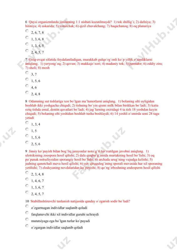 ra; 7) sholi; 8) mosh 3, 7 1, 5, 6 4, 6 2, 4, 8 начало формы конец формы 8 odamning sut tishlariga xos bo`lgan ma’lumotlarni aniqlang. 1) bolaning olti oyligidan boshlab ikki yoshgacha chiqadi; 2) tishning bo`yin qismi milk bilan birikkan bo`ladi; 3) katta oziq tishda emal, dentin qavatlari bo`ladi; 4) jag`larning oxiridagi 4 ta tish 18 yoshdan keyin chiqadi; 5) bolaning olti yoshidan boshlab tusha boshlaydi; 6) 14 yoshli o`smirda soni 28 taga yetadi 1, 3, 4 1, 5 1, 5, 6 2, 5, 6 начало формы конец формы 9 jinsiy ko`payish bilan bog`liq jarayonlar noto`g`ri ko`rsatilgan javobni aniqlang. 1) ulotriksning zoospora hosil qilishi; 2) dala qirqbo`g`imida murtakning hosil bo`lishi; 3) oq po`panak mitseliysidan sporangiy hosil bo`lishi; 4) archada urug`ning vujudga kelishi; 5) judning qanotchali meva hosil qilishi; 6) suv qirqqulog`ining sporali mevasida har xil sporaning yetilishi; 7) elodeyaning novdalaridan ko`payishi; 8) qo`ng`irboshning endosperm hosil qilishi 2, 3, …