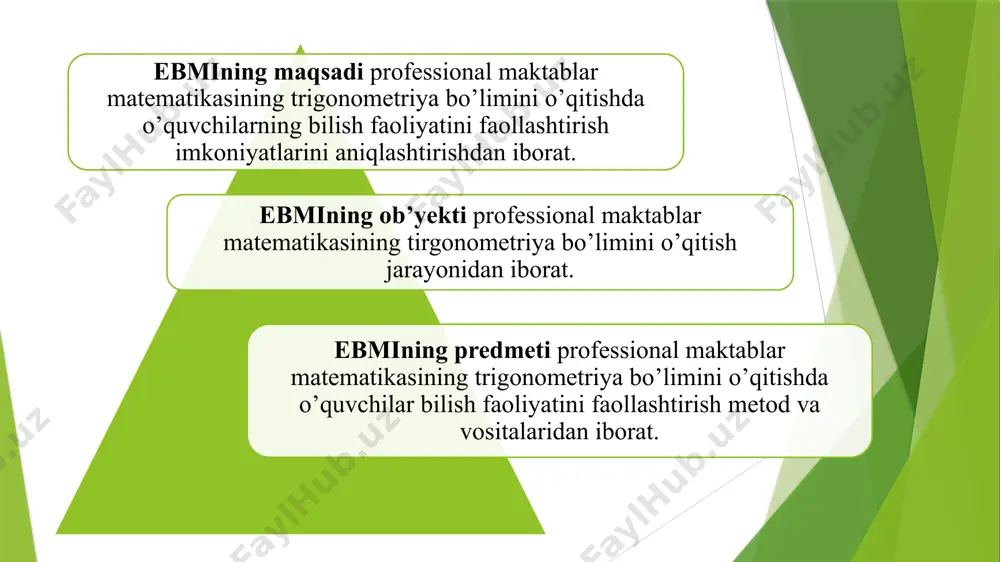 aloqalarni o'rnatishga va elektr energiyasini taqsimlash jarayonini afzal ko'radigan pozitsiyalarni topishga yordam beradi. trigonometriya tibbiyotda elektrokardiogrammalarni o'qish uchun qo'llaniladi, bu yurakning elektr faoliyatini vaqt funktsiyasi sifatida grafik ravishda qayd etuvchi test. ushbu tadqiqotlarda sinus va kosinus funktsiyalari paydo bo'ladi. ularning paydo bo'lishiga ko'ra, ularga to'lqinning ma'nosini beradigan xat beriladi. bu shifokorlarga uni o'qish va o'z vaqtida tashxis qo'yish imkoniyatini beradi. “qora quti” metodi y=sinx birlik aylana, funksiya xossalari, grafigi y=cosx davriy jarayonlar, funksiya xossalari, grafigi y=tgx musbat burish, funksiya xossalari, grafigi y=ctgx manfiy burish, funksiya xossalari, grafigi bbb jadvali bilaman bilishni xoxlayman bilib oldim venn diagrammasi xulosa мavzusiga doir mavjud adabiyotlarni o’qib o’rganish, taxlil qilish va umumlashtirish asosida electron bitiruv malaka ishini yozish natijasida quyidagi natijalar olindi: interfaol metodlar va ularni ta’lim jarayonida qo’llashga oid metodik adabiyotlarni o’rganish asosida matematika o’qitishda foydalanish mumkin bo’lgan interfaol usullarning tatbiqlari keltirib o’tildi. har bir interfaol usulning o’ziga hos xususiyatlarini ochib berishga harakat qilindi. …
