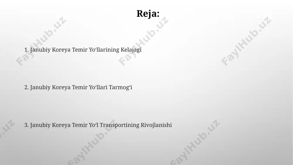 ng muhim omili hisoblanadi. ktx yuqori tezlikdagi poezdlari seuldan busan shahrigacha bo'lgan 400 kilometrlik masofani atigi 2 soat 40 daqiqada bosib o'tadi, bu yo'lovchilar uchun vaqtni tejash imkonini beradi. e'tiboringiz uchun rahmat @taqdimot_robot image3.png image4.jpg image5.jpg image6.jpg image7.jpg image8.jpg image1.png