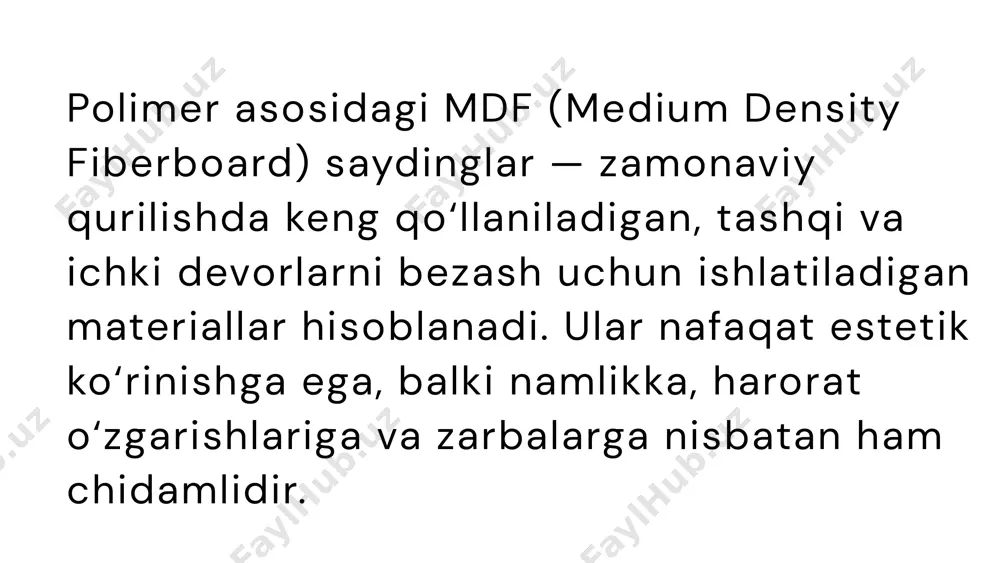ya qadoqlarga joylanadi – quruq va ventilyatsiyalangan omborlarga saqlashga yuboriladi mdf-panellar (middle density fibreboard – o‘rtacha zich tolasimon qoplama) – bu sintetik bog‘lovchi moddalar bilan qayta ishlangan, quruq yog‘och tolalardan tayyorlangan va gilam ko‘rinishida shakllantirilib, issiq presslangan va shlifovkalangan o‘rtacha zichlikka (zichligi 700…870 kg/m3 ) ega yog‘och-tolali plitalardir. mdf-plita juda mayda yog‘och opilkalaridan ishlab chiqariladi. yog‘och zarralari lignin va parafin bilan yelimlanadi ishlab chiqarilayotgan mdf plitalar zichligi 600 dan 1200 kg/m3 gacha chegarada jylashgan. o‘zining mexanik xususiyatlari bo‘yicha mdf yog‘ochdan afzalroqdir. masalan, plitani buklash yoki sindirish uchun, 10…15 mpa dan ortiq bosim zarurdir. chidamlilikning bu ko‘rsatkichi materialdan faqatgina yassi panellar sifatida foydalanish imkonini beribgina qolmay, balki zaruriyati tug‘ilganda, plitalarni bukish, ulardan dumaloq fasadlar va boshqa unsurlarni tayyorlash imkonini beradi. mdf panellar yetarlicha katta kuchlanishlarga chidamli, ularga shkafchalar, kartinalar osish mumkin. mdf-plita qiyin yonuvchan (o‘tga chidamli mdf-panellar ishlab chiqariladi), bio-chidamli, atmosferaga barqaror va yog‘ochdan arzondir. ular asosan, fasad unsurlari va mebel …