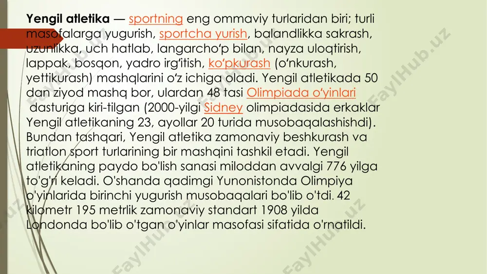 larda yugurish xillari bo’ladi. yugurishning xillari va masofa uzoqligining variantlari har xil. yengil atletika sport turlarida maxsus mashqlarni bajarish. o'z navbatida 5 ta rang-barang halqa, har 4 yilda bir marta o'yinlarda qatnashadigan dunyoning mintaqalarini anglatadi. moviy halqa – bu yevropa, qizil – amerika, sariq – osiyo, qora – afrika va yashil – avstraliya. etibor bering, ushbu ranglarning kamida bittasi dunyoning har qanday bayrog'ida mavjud. halqalar bir-biriga bog'langan bo'lishi kerak va bu o'yinlar tanasining rangi, irqi va dinidan qati nazar dunyoning barcha qismlarini, sayyoradagi barcha odamlarni birlashtirganligini namoyish etadi. langarchoʻpga tayanib sakrash (erkaklar) yangi rekord: 6.17 m armand dyuplant (shvetsiya) 5 000 metr (erkaklar) yangi rekord: 12:51 minut joshua keptegi uch hatlab sakrash, yopiq inshootda (ayollar) yangi rekord: 15.43 metr useyn bolt (ingl. usain st. leo bolt) 1986 yilning 21 avgustida yamaykaning treloni okrugida tug'ilgan. asosan qisqa masofalarga yuguradi. 8 karra olimpiada, 11 karra jahon chempioni. 8 marotaba jahon rekordini o'rnatgan. …