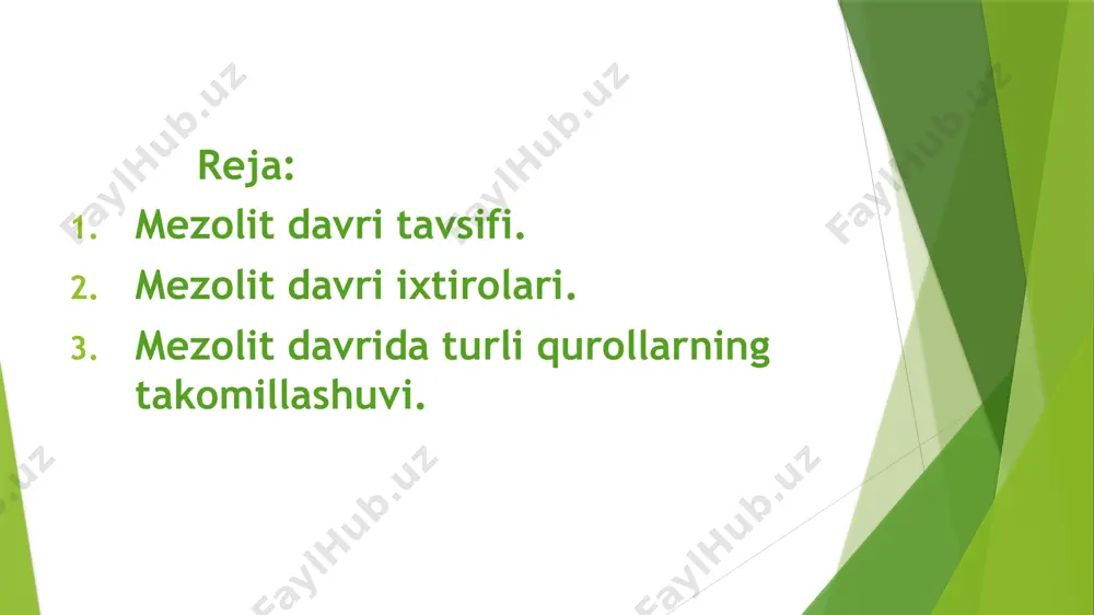 mikrolit qurollar juda koʻp uchraydi. ular juda mayda bolib bazilar 1 sm yetar yetmas bo’lgan, 2 sm lilar esa juda kam uchraydi. mikrolitlar turli hil geometrik shaklda boʻlgan (uchburchak, trapetsiya, romb). ularning ishlatilishi haqida 2 fikr mavjud: • tayoq uchidagi yoriqqa tiqilgan va kamon o’qi. • suyak yoki yogoch qurollarga taqab o’tkir tig’ hosil qilingan oʻqlar. o’rta osiyo mezoliti industriyasini o’rganish orqali olimlar ulardagi rivojlanish jihatlarini aniqladilar. shu asosda ularni ilk, o’rta va so’nggi bosqichga bo’ldilar. • ilk mezolit bosqichi yodgorliklarida mikrolit texnikasi endigina paydo bo’lgan. bunday yodgorliklarda geometrik shakldagi (segment, trapetsiya, uchburchaksimon) tosh buyumlar kam uchraydi. mikroparaqalar kam. bu davr yodgorliklarida so’nggi paleolitga doir qirg’ichchalar, oʻzaklar, paraqalar ko’p boʻlgan. tayanch so’zlar mezolit, azil, tardenula, mikrolit, makrolit, kamalak, o’q, garpun, jebel, machay, obishir, qo’shilish, mezolit madaniyati foydalanilgan internet sayitlat roʻyxati: https://mbaza.uz https://portal.guldu.uz https://fayllar.org e’tiboringiz uchun raxmat image1.jpeg image2.jpeg image3.jpeg image4.jpeg image5.jpeg image6.jpeg /docprops/thumbnail.jpeg