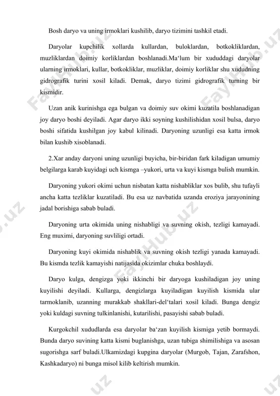 a yokkan yoginlardan xosil bulgan suvni ikki karama-karshi yunalishga ega bulgan yonbagirlar buyicha taksimlaydigan eng baland nuktalar yerni suvayirgich chizigini xosil kiladi. butun yer kurrasiga yokkan yoginlardan uning sirtida xosil bulgan yuzi suvlarni jaxon suvayirgich chizigi kuyidagi ikki yunalishda taksimlaydi; tinch –xind okeanlari yunalishida. atlantika-shimoliy muz okeanlari yunalishida. jaxon suvayirgichlari chizigi janubiy amerikadagi garn burnidan boshlanib, and, kordilera toglaridan bering bugoziga undan chukotka tizmalari anadir yassi toglari. gidan, stanovoy, yablonovoy, markaziy osiyo togliklari, tyanshan, pomir, kopetog, arabiston yarim orolining shimoliy kismi, afrikada esa meridian yunalishi buyicha utadi.materikning janubiy kismiga yakinlasha brganda xind okeani kirgoklari tomon buriladi. jaxon suvayirgich chizigidan tashkari nisbatan kichik ulchamlarda bulgan kuyidagi suvayirgichlar mavjud. 1. ichki suvayirgichlar-materiklarga yokkan yoginlardan xosil bulgan suvni okeanga tutash (chekka xudud) va berk xavzalar buyiga taksimlaydi. orol-kaspiy, berk xavzasini chegaralaydigan suvayirgich chizigi ichki suvayirgichlarga misol buladi. 2. okean va dengiz suvayirgichlari- suvni okeanlarva dengizlar xavzalari buyicha taksimlaydi. 3. daryo suvaymrgichlari –daryolar suv …