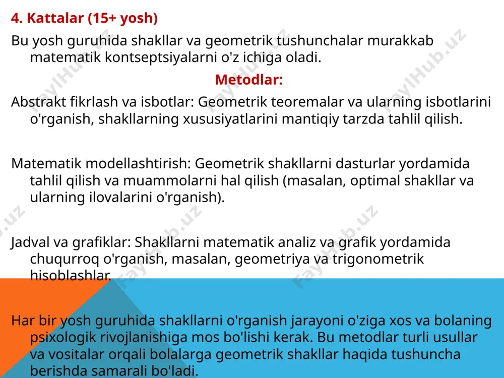etrik shakllarni ajratish ma'lumot: bolalarga geometrik shakllar (doira, kvadrat, to‘g‘ri burchakli to‘rtburchak, uchburchak, va boshqalar)ni tanishtiring. mashg‘ulot: o‘yinga kirish: o‘quvchilarni shakllar kartochkalari bilan tanishtiring. har bir bolaga bir nechta shakllarni berib, ularni aniqlashni so‘rang. savollar: "bu shakl qanday nomlanadi?", "qanday xususiyatlarga ega?" kabi savollar berib, shakl haqida tasavvur yaratishlariga yordam bering. 2. shakllarni topish o‘yini ma'lumot: bolalar atrof-muhitda geometrik shakllarni topishlari kerak bo‘ladi. mashg‘ulot: o‘yinga kirish: sinf yoki maktab atrofiga chiqib, turli shakllarni topish vazifasini bering. masalan, to‘g‘ri burchakli derazalar, doira shaklidagi soatlar va boshqalar. savollar: "qaysi shaklni topdingiz?", "qanday shakllar mavjud?" kabi savollar orqali ularning nazariy bilimlarini amalda qo‘llashlariga imkon bering. 3. shakllarni qurish o‘yini ma'lumot: geometrik shakllarni to‘plamlardan yoki materiallardan qurish. mashg‘ulot: materiallar: qog‘ozlar, kartonlar, plastik o‘yinchoqlar, liniyalar, va boshqalar. o‘yin: har bir bolaga materiallar taqdim etib, ular shakllarni yasashlarini so‘rang. masalan, kvadrat yoki uchburchaklarni yaratish vazifasi beriladi. savollar: "qanday shakl yaratdingiz?", "shaklni qanday qilib o‘lchaysiz?" kabi savollar …