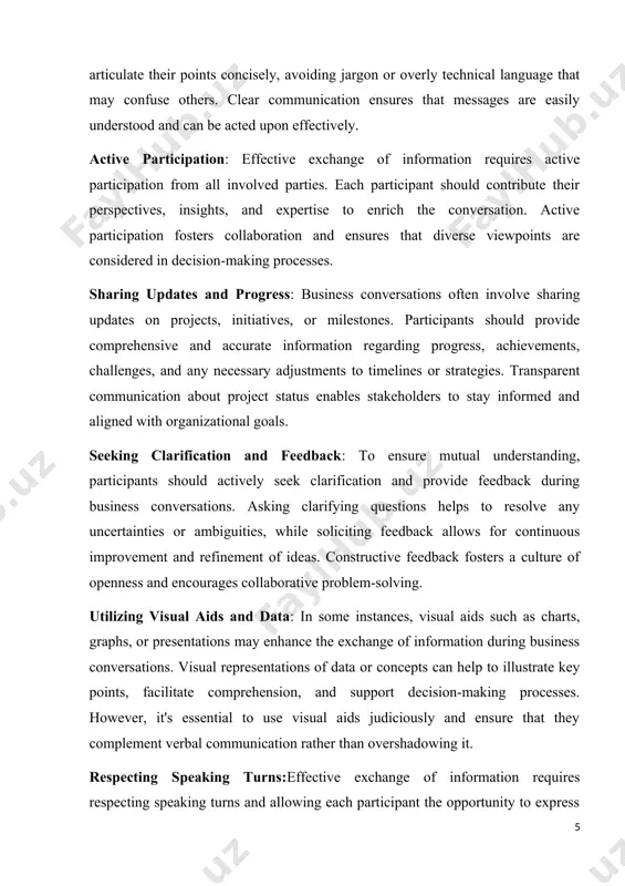 have been heard. this helps to clarify any misunderstandings and ensures alignment. clarification: asking clarifying questions demonstrates a genuine interest in understanding the speaker's message. it allows for further exploration of ideas and ensures that both parties are on the same page. feedback: providing feedback, such as nodding or using verbal cues like "i see" or "that makes sense," validates the speaker's contributions and encourages them to continue sharing. barriers to active listening: common barriers to active listening include distractions, preconceived notions, selective perception, and the urge to interrupt or respond prematurely. in a business context, time constraints, stress, and cultural differences can also impede active listening. overcoming these barriers requires conscious effort and practice. benefits of active listening in business: improved understanding: active listening leads to better comprehension of complex ideas, instructions, and feedback. strengthened relationships: by demonstrating empathy and respect, active listening fosters trust and strengthens relationships with …