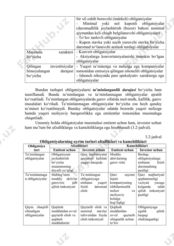 tent reyestr kitobida va obligatsiya muqovasida obligatsiya egasining nomi kiritiladigan obligatsiyalar. · taqdim qiluvchiga, obligatsiya egasi taqdim etgan hujjat evaziga. obligatsiya maqsadiga koʻra · oddiy, turli loyihalarda foydalanishi koʻzda tutilgan qoʻshimcha moliyaviy resurslar jalb qilish maqsadida emissiya qilingan obligatsiyalar · maqsadli, joylashtirishdan tushgan mablagʻlar aniq investitsion loyihalarni moliyalashtirishga yoʻnaltiriladigan obligatsiyalar (infratuzilma obligatsiyalari) joylashtirish shakli boʻyicha · erkin joylashtiriladigan obligatsiya zayomlari · qatʼiy joylashtirish sharti bilan emissiya qilinadigan obligatsiyalar nominal qoplanish sharti boʻyicha · nominal summa bir marta qoplanadigan obligatsiyalar · belgilangan vaqt oraligʻida nominal summadan ulushli toʻlovli obligatsiyalar · obligatsiyalar umumiy sonidan izchil ravishda qatʼiy belgilangan toʻlovli obligatsiyalar (lotoreyalar, tirajli zayomlar) emitent tomonidan obligatsiyalar boʻyicha turli toʻlovlar amalga oshirilishiga koʻra · qatʼiy belgilangan daromad keltiruvchi va qoplanish muddati oxirida nominal summa ham qaytarilishi kafolatlanadigan obligatsiyalar · kuponsiz yoki nollik kuponli obligatsiyalar · qoplash vaqtida foiz toʻlovlari va obligatsiya nominal qiymati toʻlanadigan obligatsiyalar · obligatsiya nominal qiymati qaytariladigan, kupon toʻlovlari toʻlanishi …