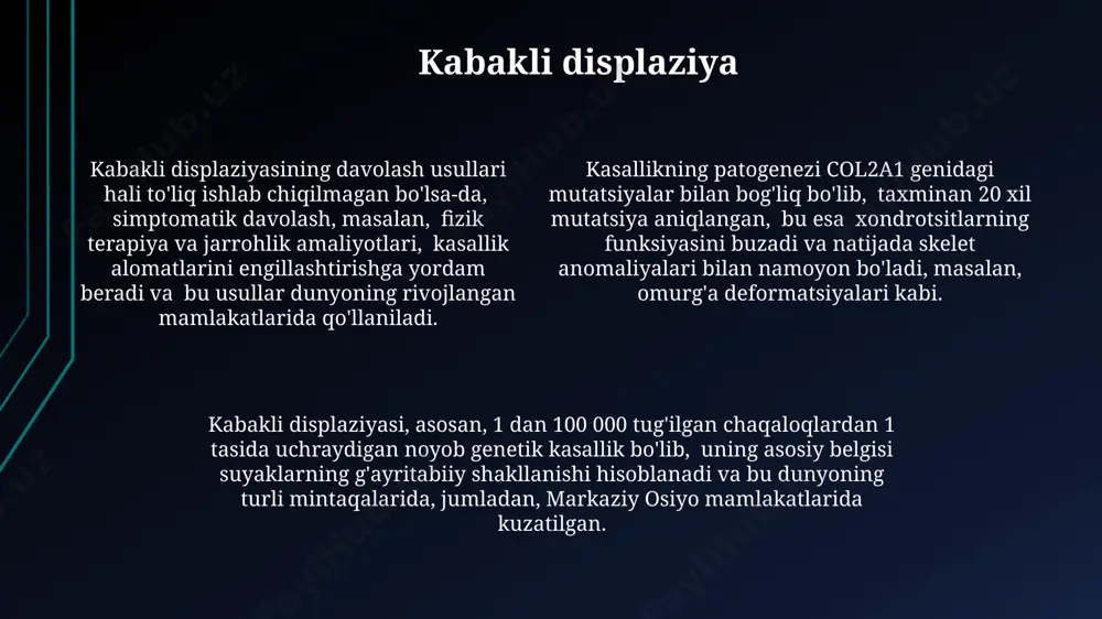 n sindromi diagnostikasida, 50 yoshdan oshgan bemorlar uchun, ko'krak qafasi rentgenografiyasi va ekokardiografiya majburiy bo'lib, aqshda qo'llaniladigan protokolga muvofiq 70% hollarda aniq tashxis qo'yishga yordam beradi. marfan sindromi marfan sindromining diagnostikasi 10 ga yaqin mezonni o'z ichiga olgan ghent mezonlari yordamida amalga oshiriladi, ularga kardiovaskulyar, skelet va ko'z tizimlariga ta'sir qiluvchi belgilar kiradi. marfan sindromi bilan kasallanganlarning taxminan 25 foizi dunyo bo'ylab, ayniqsa, amerika qo'shma shtatlari va g'arbiy yevropa mamlakatlarida uchraydi, bu esa genetik mutatsiyaning keng tarqalganligini ko'rsatadi. kasallikning og'irligi har xil bo'lishi mumkin: ba'zi bemorlarda faqat yengil skelet anomaliyalari kuzatiladi, boshqalarida esa aorta dissektsiyasi kabi hayot uchun xavfli asoratlar rivojlanishi mumkin. proteoglikanopatiyalar jahon sog'liqni saqlash tashkiloti ma'lumotlariga ko'ra, proteoglikanopatiyalarning aniq davolash usullari yo'q, lekin 1000 dan 1 gacha bo'lgan holatlarning og'irligini kamaytirish uchun qo'llab-quvvatlovchi terapiyalar mavjud. proteoglikanlarning genetik nuqsonlari, taxminan 30 dan ortiq turli xil proteoglikanopatiyalarni keltirib chiqaradi, bu esa skelet tizimida, 2-5 yoshgacha bo'lgan bolalarda sezilarli o'zgarishlarga olib …