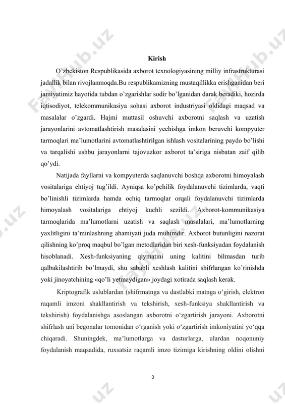 bloklarga ajratilib chiqiladi. agar m-ma’lumot uzunligi «m» -ga karrali bo‘lmasa, u holda oxirgi to‘lmay qolgan blok «m»- uzunlikga olindan kelishib olingan maxsus usulda biror simvol yoki belgi (masalan “0” yoki “1”) bilan to‘ldirilib chiqiladi. natijada hosil qilingan m-ma’lumot bloklariga: m= { m1, m2 ,.......mn) quyidagicha siqishni (svertkani) hisoblash protsedurasi qo‘llaniladi: h0 = , hi = f ( mi , hi-1) , i =1,2,......n h(m)= hn ; bu yerda -qandaydir fiksirlangan boshlang‘ich vektor. misol sifatida quyidagi keng tarqalgan: f ( mi , hi-1) = e k( mi hi-1) i =1,2,......n xesh-funksiyani keltirib o‘tish mumkin. bu yerda e-simmetrik shifrlash algoritmi (masalan des, gost 28147-87, aes –fips 197 va hakoza), k- esa shifrlash algoritmi maxfiy kaliti, h0 = 0, - xor (mod 2 bo‘yicha mos bitlarni qo‘shish) amali. xesh funksiyalar turlari oddiy xesh funksiyalar: adler-32, crc, fnv, murmur2, pjw-32, tth, jenkins hash. kriptografik xesh funksiyalar: cubehash, blake, bmw, echo, fsb, fugue, grøstl, jh, …