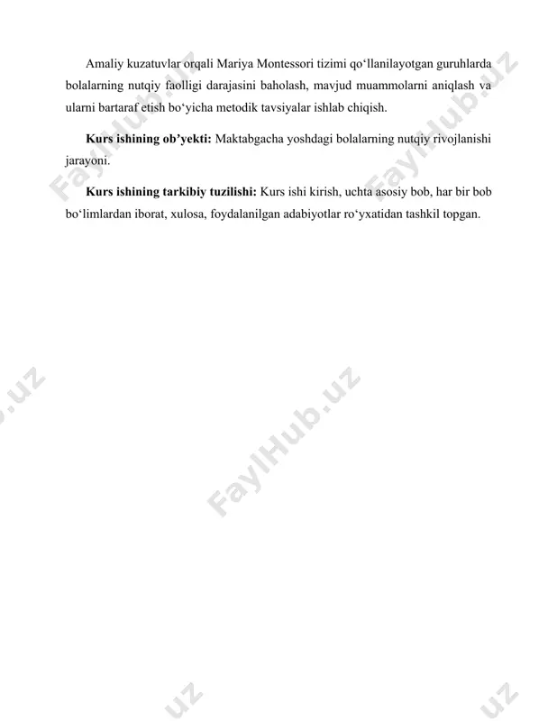 rmat qilish, uning mustaqilligini rivojlantirish va erkin tanlov asosida ta’lim olish imkoniyatini berishga asoslanadi. u bolani o‘zining ichki ehtiyojlariga ko‘ra rivojlanadigan, faol va mustaqil shaxs sifatida ko‘radi. montessori pedagogikasida tarbiyachi — faqat yo‘naltiruvchi, kuzatuvchi va yordamchi sifatida ishtirok etadi. ular bolaga tayyorlangan muhitda mustaqil ravishda harakat qilish, o‘rganish va rivojlanish imkoniyatini beradi. montessori o‘z tizimining nazariy va amaliy asoslarini o‘zining mashhur asarlari orqali yoritgan. jumladan, “ilmiy pedagogika”, “bola siri”, “o‘quv tizimi” va boshqa fundamental asarlarida u bola shaxsining rivojlanish bosqichlari, muhitning roli, erkinlik va intizom muvozanati kabi tushunchalarni chuqur tahlil qilgan. montessori “tayyor muhit” konsepsiyasini ilgari surib, bu muhit bolani o‘z ehtiyojlariga binoan faoliyat yuritishga undashi lozimligini asoslab bergan. mariya montessorining pedagogik yondashuvi ayniqsa maktabgacha yoshdagi bolalar bilan ishlashda nihoyatda samarali bo‘lib, ularning aqliy va nutqiy rivojlanishida muhim ahamiyat kasb etadi. bugungi kunda ham dunyoning ko‘plab mamlakatlarida montessori bog‘chalari faoliyat yuritmoqda va uning tamoyillari amaliyotda keng qo‘llanmoqda. ayniqsa, kommunikativ nutqni …