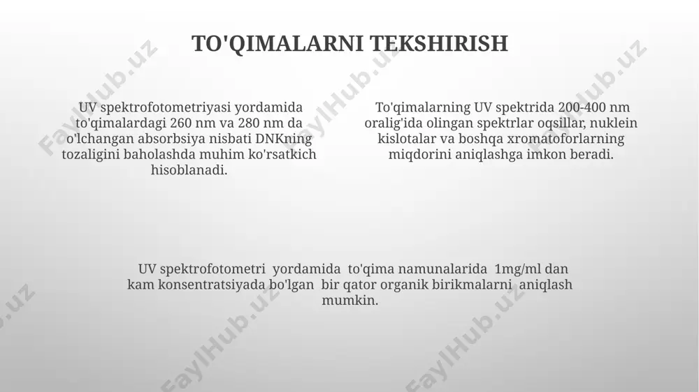 fni baholashda yordam beradi. uv spektrofotometriyasi yordamida suv havzalarida 0,1 mg/l dan kam bo'lgan konsentratsiyada erigan organik moddalarni aniqlash mumkin, bu ekologik monitoring uchun muhim ahamiyatga ega. kimyoviy birikmalarni aniqlash uv spektrida 254 nm da kuchli yutilish organik birikmalarning, xususan, konjuge bo'lmagan π bog'lanishlarni o'z ichiga olgan birikmalarning mavjudligini ko'rsatishi mumkin. uv spektrofotometriyasi yordamida 200-400 nm oraligʻidagi maksimal yutilish toʻlqin uzunligini aniqlash orqali aromatik birikmalarni, masalan, benzol yoki fenolni aniqlash mumkin. kimyoviy birikmaning λmax qiymati va molar yutilish koeffitsiyenti (ε) ma'lumotlar bazasidagi standart qiymatlar bilan taqqoslash orqali noma'lum moddani aniqlash imkoniyati mavjud. miqdorini aniqlash usullari differensial spektrofotometriya yuqori konsentrasiyadagi namunalarni tahlil qilishda qo‘llaniladi, bu usulda referens sifatida ma’lum konsentrasiyadagi eritma ishlatiladi va o‘lchash aniqligi 0,1% gacha oshiriladi. standart qo‘shimcha usuli noma’lum namunadagi moddaning konsentrasiyasini aniqlashda qo‘llaniladi, bu usulda ma’lum miqdorda standart eritma qo‘shib, kalibrlash egri chizig‘i quriladi va noma’lum namunadagi konsentrasiya aniqlanadi, bu aniqlikni oshiradi. uv spektrofotometriyada miqdoriy aniqlash uchun …