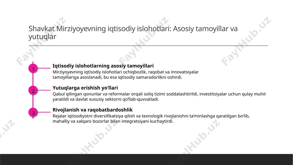 va texnologik rivojlanish zamonaviy texnologiyalar va ta'lim metodlari madaniyat va ta'lim sohalarida modernizatsiyani qo'llab-quvvatlab, xalqaro raqobatbardoshlikni oshiradi. milliy madaniyatni asrash va rivojlantirish o'zbekistonning boy madaniy merosi qadr-qimmatini saqlash, uni dunyo miqyosiga chiqarish va yosh avlodga etkazish davlat siyosatining strategik yo‘nalishidir. shavkat mirziyoyevning tashqi siyosat strategiyalari va markaziy osiyodagi roli strategik tashqi siyosat mirziyoyevning tashqi siyosat strategiyasi mintaqaviy barqarorlik va hamkorlikni mustahkamlashga qaratilgan bo‘lib, markaziy osiyo davlatlari bilan hamkorlikni rivojlantiradi. rivojlangan regional hamkorlik prezident, ayniqsa, transport va energetika sohasida, mintaqaviy hamkorlikni kengaytirish uchun yangi tashabbuslarni ilgari surmoqda, yangi imkoniyatlar yaratmoqda. tashqi diplomatiya roli mirziyoyevning tashqi diplomatiyasi orqali o‘zbekiston xalqaro maydonda o‘z o‘rnini mustahkamlab, xalqaro tashkilotlar bilan faol hamkorlik qilmoqda. hududiy hamkorlikda erishilgan yutuqlar va yangi imkoniyatlar 1 hududiy hamkorlikdagi yutuqlar o'zbekiston va yaqin mintaqadagi davlatlar o'rtasida iqtisodiy, madaniy va transport sohalarida hamkorlik kengaydi, yangi loyihalar amalga oshirilmoqda. 2 yangi imkoniyatlar transport, energetika va savdo sohalarida yangi loyihalar va investitsiyalar orqali mintaqaviy …