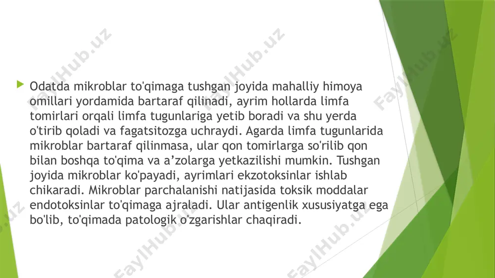 na harorati ko'tariladi, lanjlik, kam harakatlilik, ko'ngil aynishi, qo'sish kuzatilishi mumkin. jag' osti sohasida keng tarqalgan, chegaralarini aniqlash qiyin bo'lgan shish aniqlanadi. teri taranglashgan , bir oz qizargan, qattiq, og'riqli gazak (infiltrat) aniqlanadi. yallig'lanish jarayoniga qanotsimon jag' oralig'i ham jalb etilsa, og'iz ochilishi bir oz chegaralanadi. og'izni ochish vaqtida og'riq paydo bo'lishi mumkin. og'iz bo'shlig'ida: zararlangan tomonda yaqqol ko'zga tashlanuvchi yumshoq shish va til osti shilliq pardasining qizarganligini ko'rish mumkin. sababchi tishning toj qismi emirilgan, rangi o'zgargan, perkussiya qilinganda og'riqli bo'ladi. pastki jag' osti sohasi abstsessi va flegmonasi jarrohlik usuli bilan davolash: jag' osti sohasi abstsess va flegmonasida, yiringli o'choq adekvat(mahalliy, imkoniyat qadar, umumiy) og'riqsizlantirish ostida kesiladi, sababchi tish olinadi. bolaning ruhiy emotsional holatini e'tiborga olgan holda operatsiyaning umumiy og'riqsizlantirish ostida bajarilishi maqsadga muvofiqdir operatsiya texnikasi: operatsiya maydoniga spirt bilan ishlov berib, brilliant ko'ki bilan o'tkaziladigan kesma chizib olinadi, buning uchun jag' burchagidan pastga 2 sm tashlab, nuqta qo'yamiz, ikkinchi …