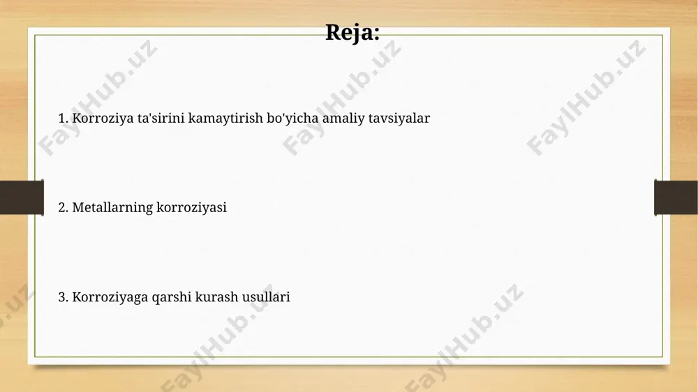 90% gacha kamaytirish mumkin. inhibitorlardan foydalanish inhibitorlarning samaradorligi metallarning turini va korroziya muhitining xususiyatlariga qarab 5 dan 95% gacha o'zgarib turadi, bu esa ularni tanlashda ehtiyotkorlikni talab qiladi. organik inhibitorlar, masalan, aminlar yoki alkillar, 10-30 ppm konsentratsiyalarda yuqori samaradorlik ko'rsatishi mumkin, lekin yuqori haroratlarda samaradorligi pasayishi mumkin. material tanlash va konstruksiya konstruktiv elementlarni optimallashtirish orqali, masalan, suv o'tkazmaydigan qoplamalarni qo'llash bilan, korroziya tezligini 2-3 baravar kamaytirish mumkin. yuqori sifatli bo'yoq materiallari va himoya qoplamalari bilan qoplash orqali po'lat konstruksiyalarining korroziyaga qarshilik koeffitsiyenti 1,5 dan 2 gacha oshiriladi. himoya qoplamalari organik qoplamalar, masalan, bo'yoqlar yoki polimerlar, 30% dan ortiq namlikka chidamli bo'lib, korroziyani sekinlashtiruvchi inhibitorlarni o'z ichiga olishi mumkin. himoya qoplamalari, masalan, 50-100 mkm qalinlikdagi sink qatlami bilan galvanizatsiya, po'lat buyumlarni atmosfera korroziyasidan 10 yildan ortiq himoya qilishi mumkin. e'tiboringiz uchun rahmat @taqdimot_robot image7.jpg image8.jpg image9.jpg image10.jpg image11.jpg image12.jpg image13.jpg image3.png image4.png