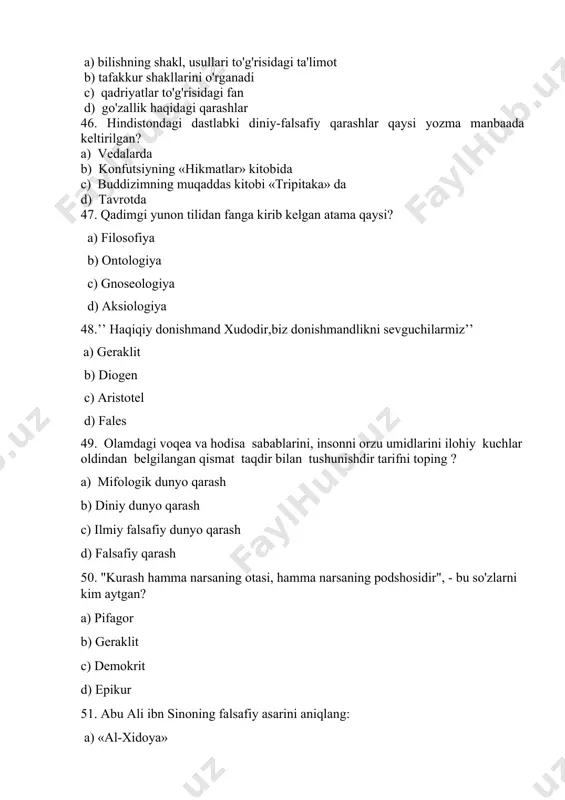 i c) ma'anviy olamni belgilaydigan xosila d) ichki dunyoni tashkariga chiqaradigan ongdir 61. inson borlig'i a) insonning bio – tabiiy, ijtimoiy, shaxsiyatli va ma'anviy jihatlari birligi b) barcha yer yuzida yashovchi kishilarni hayoti c) individning iqtisodiy va ma'naviy, siyosiy va huquqiy xossalarini majmuasi d) xis kiluvchi va fikrlovchi odam hayoti 62. xayot, o'lim va mavjudlik dialektikasini kimlar ishlab chiqqan? a) ekzistentsialistlar b) germenevtiklar c) yangikantchilar d) dialektik iloxiyotchilar 63. materiya tushunchasi ... a) ob'ektiv borlikni ifodalaydigan falsafiy katigoriya b) olamdagi narsalarning moxiyatini belgilovchi xodisa c) moddiy olamdagi barcha xodisalarni ifodalaydigan tushuncha d) barcha javoblar to’g'ri 64. qadimgi zamon falsafasida «xamma narsa xarakatlanadi va o'zgaradi» degan fikrni ilgari surgan mutafakkir? a) geraklit. b) anaksimen. c) pifagor. d) parmenid 65. qadimgi yunonistonda qaysi mutafakkir olamning asosiga olovni qo'ygan? a) anaksimen b) anaksimandr c) fales d) geraklit 66. ekzistentsializm falsafasining asoschisi kim ? a) syuren kerkegor b) fales c) z.freyd d) o.kont 67. …