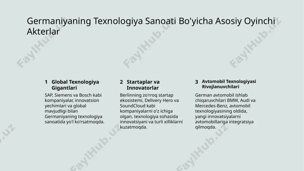 .0 texnologiyalarini qabul qilish avtomatlashtirish, robototexnika va katta ma'lumotlarni tahlil qilish kabi sanoat 4.0 printsiplarini qabul qilish, germaniyaning raqamli iqtisodiyotini oldirib boradi. e'tiboringiz uchun rahmat! /docprops/thumbnail.jpeg