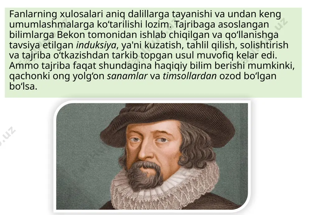 edi. bundan lokk shunday xulosaga kelgan ediki, is, ta'm va rang faqat insoniy idrokkagina xosdir. oydinlik darajasi nuqtai nazaridan u bilimning uch turini ajratib ko‘rsatdi: hissiy, yoki yakka ashyolar haqida bilim beruvchi boshlang‘iya bilim; namoyishkorona yoki daliliy, xulosa vositasida chiqariladigan bilim, masalan, solishtirish, taqqoslash va tushunchalar munosabati orqali aniqlanadigan bilim; ichki tuyg‘u (intuitiv) bilimi - uning oliy turi - aql orqali uning bir-biriga bevosita muvofiqligi yoki muvofiq kelmasligi haqidagi bilim. lokk belgilarning umumiy nazariyasi sifatida semiotika tushunchasini ilmiy istilohga kiritdi. djordj berkli falsafasi djordj berkli (1658-1753) sub'ektiv idealizmning yirik vakillaridan biri edi. berkliga lokkning birlamachi va ikkilamchi sifatlar haqidagi g‘oyalari ta'sir o‘tkazgan edi. ammo berkli, lokkdan farqli o‘larok, barcha sifatlarni ikkilamchi (ya'ni sub'ektiv) hisoblaydi. og‘irlik va barcha makoniy xususiyatlar va aloqalar bizning hissiy a'zolarimizning qobiliyatlari bilan ifoda qilinadilar. berklining dalilicha, biror ashyoning o‘zi bizga katta ham ko‘rinishi (undan kam masofadagi uzoqlikda) va kichik ham bo‘lib tuyilishi (undan katta masofadagi uzoqlikda) …