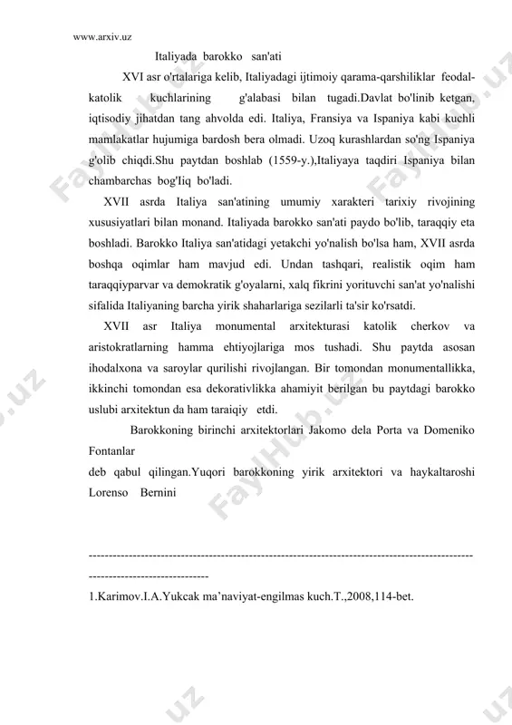 maydon yaratdi. ellips shaklidagi ustunlar bilan o'ralgan bu joyga simmetrik joylashgan ikkita fawora o'rnatilgan. xvii asrda arxitekturadagi kabi tasviriy san'atda ham barokko uslubi asosiy ahaniiyatni kasb etdi. xv-xvii asrlarga kelib manerizm oqimiga qarshi yo'nalish rivojlanadi: bolonye akademizmi va karavadjizm. aka-uka karrachilar ijodi xvi asrdagi so'ngi rim san'atida manerizmdan oddiylik va obrazlarning ulug'vorligi tomon keskin buriiish bo'ldi. karrachilar 1580- yilda bolonyeda akademiya ochishadi. bu badiiy ta'lim prinsiplarini tizimga keltirishda keyingi ociligan akademiyalar uchun yevropa san'ati katta ahamijatga ega bo'ldi. 1595-yili karrachilar mashhur bo'lgach, kardinal farieze o'z saroyini bezash uchun ularni rimga chaqiradi. annibale taklifni qabu! qilib butunlay bolonyeni tashlab ketadi. u palatsso farneze zallaridan biriga mashhur shift galereyasini yaraiadi va bu asar uning ijodini cho'qqisi bo'lib qoladi. shiftning kompozitsion tuzilishi mikelanjeloning sikstin kapellasiga ishlagan naqshlariga o'xshab ketadi. rassom insonlar figurasini va tasviriy asarlarni ko'zni qamashtirarli darajada xuddi jonliday aks ettira olgan. rimdagi faoliyati davrida annibale karrachi tomonidan yaratilgan kartinalar asosan diniy …
