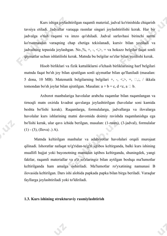lar uzatishda foydalanish tavsiya etilmaydi. turli xil jismoniy tabaqalardan iborat bo'lgan chekka tarmoqlari to'g'ri ishlashi uchun, uchta asosiy shart bajarilishi kerak: · tarmoqdagi stantsiyalar soni 1024dan oshmasligi (koaksiyal segmentlar uchun cheklovlarni hisobga olgan holda). · tarmoqning ikkita eng uzoq stansiyalari orasidagi signalni tarqatishning ikki marta kechikishi (path kechiktirish qiymati, pdv) 575 bitlik oraliqlardan oshmaydi. · kadrlar orasidagi masofa 49 sekunddan ortiq intervalgacha ko'paytiriladi. (ramkalarni yuborish vaqtida stantsiya 96 bitli intervalgacha dastlabki interfeysni ta'minlaydi). 49-variant. segment 1 10base-5 400 segment 2 10base-2 57 segment 3 10base-t 57 segment 4 10base-fb 940 segment 5 10base-fl 39 segment 6 foirl 236 segment 7 10base-5 220 segment 8 10base-2 23 segment 9 10base-t 25 1 2 3 1-rasm. har xil fizik standartlardan va segmentlardan iborat bo’lgan ethernet tarmog’iga misol. hisoblash: pdv hisoblashda har bir simni kesilish joyidan segmentni jadval asosida kechikishlarni hisoblashdan iborat, ( berilgan jadval asosida signallarning kechikishi 1m kabel segment uzunligi bilan …