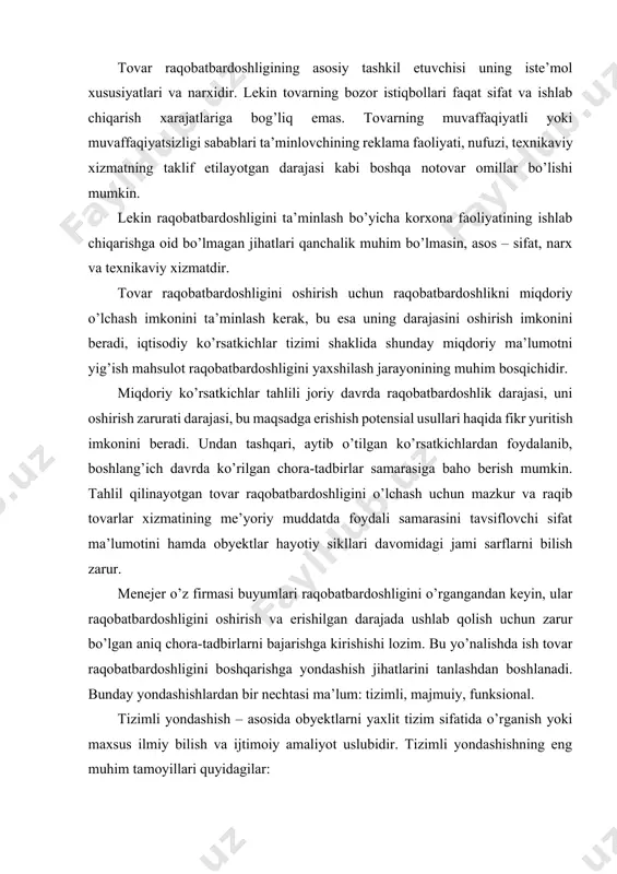lanadi. bunday yondashishlardan bir nechtasi ma’lum: tizimli, majmuiy, funksional. tizimli yondashish – asosida obyektlarni yaxlit tizim sifatida o’rganish yoki maxsus ilmiy bilish va ijtimoiy amaliyot uslubidir. tizimli yondashishning eng muhim tamoyillari quyidagilar: · qarorlar qabul qilish jarayoni oxirgi maqsadlarni aniq belgilash va ravshan ifodalashdan boshlandi; · doirasida har bir xususiy yechimning barcha oqibatlari va o’zaro bog’lanishlari aniqlanadigan butun muammo bir butunlik, yagona tizimdek ko’riladi; · maqsadga erishishning imkoni bo’lgan muqobil yo’llarini aniqlash va tahlil qilishning xosligi; · ayrim kichik tizimlarning maqsadlari butun tizim maqsadlari bilan to’qnashish mumkin emas. tizim – ma’lum yaxlitlik, birlikni hosil qiladigan munosabat va aloqalarda bo’lgan elementlar majmuasi. tizimli tahlil tamoyillaridan kelib chiqib, marketing tadqiqotlari asosida avval tovar yoki xizmatlar parametrlari shakllantiriladi: nima chiqarmoq, qanday sifat ko’rsatkichlari va qanday sarflar bilan, kim uchun qaysi muddatda, kimga va qanday narxda sotmoq kerak? eng avvalo, tovar me’yorlari bo’yicha raqobatbardosh bo’lishi kerak. undan keyin resurslar va ma’lumotnoma kerakligi, ishlab chiqarishning …
