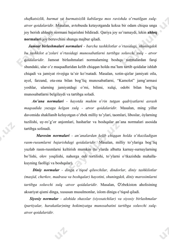 vor qoidalaridir. huquqning ijtimoiy normalar orasida tutgan o’rni beqiyosdir. huquq ijtimoiy munosabtlarni tartibga soluvchi tizim sifatida insoniyat jamiyati taraqqiyotining qonunlarga muvofiq ravishda rivojlanadi. huquqning asosiy mohiyati muayyan jamiyatda kishilar o’rtasida kelishuvni ta’minlash fuqarolar osoyishtaligini saqlashga ko’maklashish, davlat ishlab chiqqan iqtisodiy – siyosiy va ijtimoiy siyosatni amalga oshirish orqali jamiyat taraqqiyotini ta’minlashdan iboratdir. huquq bu qonunlar yig’indisi bo’lib muayyan xatti-harakatlar qoidalari sifatida turli davrlarda va jamiyatlarda o’ziga xos hususiyatlarga ega bo’lgan. huquqning shakllariga davlat olib borayotgan adolatli siyosati, tarixiy milliy an’analar ta’sir qiladi. huquq funksiyalari. huquqning asosiy funksiyalari ya’ni vazifalari quyidagilardan iborat: tartibga solish. huquq hayotning har bir sohasiga joriy qilinishi natijasida jamiyatdagi barcha ijtimoiy munosabtlarni tartibga soladi. jamiyat a’zolarining faol xulqini ta’minlaydi. muhofaza qilish. bu funksiya orqali barcha huquqiy qoidalar himoya qilinadi, ular buzilsa javobgarlik choralari belgilanadi, shu bilan birgalikda huquq barcha shaxslar zimmasiga ma’suliyat yuklaydi. huquqning funktsiyalari kishilar o’rtasidagi ijtimoiy munosabatlarni xuquqiy tartibga solish va ularni rivojlantirish bilan bog’liq …