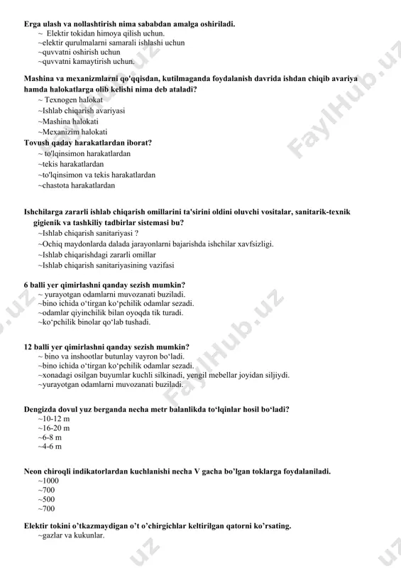acha bo’lgan toklarga foydalaniladi. ~1000 ~700 ~500 ~700 elektir tokini o’tkazmaydigan o’t o’chirgichlar keltirilgan qatorni ko’rsating. ~gazlar va kukunlar. ~ishqorlar va ko’piklar. ~suv va suv bug’i ~suv, suv bug’i va ko’piklar uglekislotali-brommetilli o’t o’chirgichlar keltirilgan javobni aniqlang. ~oub-za va oub-7a ~oxp-10, op-m, op-9mm ~op-1, op-2a, op-yua, op-100 ~to’g’ri javob yo’q. favqulodda holatning zararlanish о‘chog‘i deb nimaga aytiladi? ~favqulodda holatlar vaqtida xavfli va zararli faktorlar ta’sir etuvchi chegara ~xavfli omillar ta’siridagi ishdan chiqgan texnik vositalar ~xavfli va zararli faktorlar yuzaga kelgan zona ~zararli omillar ta’siridagi talofatlar qattiq moddaning havoda muallaq holatda bo'la oladigan eng mayda zarrachalari bu? ~ chang ~gaz ~bug’ ~zarra “bel” nimaning o’lchov birligi? ~ tovush intensivligining ~tovush tebranishlarining ~tovush chastotalarining ~tovush tezligining ochiq maydonlarda dalada jarayonlarni bajarishda ishchilar xavfsizligi va sog'ligi ………… ham bog'liq bo'ladi. ~meteorologik sharoitga ~xavfsizlik sharoitiga ~ochiq maydon sharoitiga ~namlilik darajasiga benzinning konsentrasiyasi 3-4 g/m3 bo'lganda, undan nafas olgan kishi 2...3 minutdan so'ng qanday holatga …