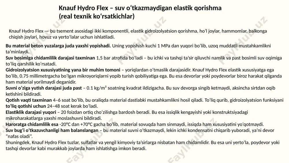 i qilib tayyorlanadi. 7 qorishmalar tayyorlaydigan va tashiydigan mashinalar qorishmalarni tayyorlashda qorishma qorgichlardan foydalaniladi. qorishma qorgichlarning konstruksiyalari ko‘p. qorishma qorgichlarning ba’zisida materiallar qo‘lda, boshqalarida esa ko‘targich yordamida yoki bunkerdan joylanadi. ba’zi qorishma qorgichlarda qorishma parraklar yordamida, boshqalarida esa ichki tomoniga kurakchalar mahkamlangan aylanuvchi baraban 64 yordamida aralashtiriladi. baraban aylanayotganida materiallar ag‘dariladi, kurakchalarga to‘kiladi va u bilan aralashtiriladi. (2-rasm) aylanuvchi barabanli qorishma qorgich. aylanuvchi barabanli qorishma qorgichlar qorishmalarni ham, quruq aralashmalarni, masalan, sement-qum va boshqa aralashmalarni ham yaxshi aralashtiradi. 8 qorishmalar qurilishlarning o‘zida qorishma uzellarida ham, tayyor qorishma zavodlarida ham tayyorlanishi mumkin. tayyor qorishma zavodlarining ko‘pi avtomatlashtirilgan, u erda tayyorlangan qorishmalar yuqori sifatli bo‘ladi. qorishma zavodlardan qurilishlarga avtomashinalar kuzovlarida tashib keltiriladi. tashib keltirilgan qorishma bunkerga to‘kiladi, qorishma u erdan nasos orqali yoki ko‘targich bunkerlar (yashiklar) yordamida qavatlarga uzatib beriladi, ko‘targich bunkerlar qavatlarga ko‘targichlar yordamida uzatiladi. qorishmalar va mastikalar tayyorlash jarayonida gipsni va sochiluvchi boshqa materiallarni qavatlarga uzatib berishga to‘g‘ri keladi. sochiluvchan …