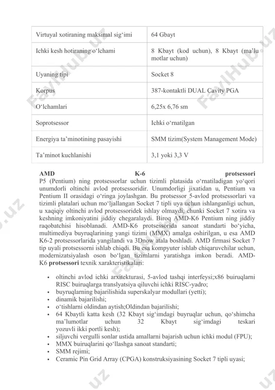 chta mikrosxemalar mcm (multi-chip module) modulga biriktirilgan. 387-kontaktli korpus ichida ikkita mikrosxema joylashgan bo‘lib, ulardan biri pentium pro protsessorini, ikkinchisi esa256 кbayt, 512 кbayt yoki 1 мbayt sig‘imdagi ikki bosqichdagi kesh xotirani o‘z ichiga oladi. protsessorning o‘zida 5,5 mln tranzistorlar, birinchi bosqichdagi kesh –xotirada 256 кbayt — 15,5 mln sig‘imli tranzistorlar,ikkinchi kesh- xotirada 512 кbayt— 31 mln sig‘imdagi, 512 кбай sig‘imli kesh –xotirali modulda 36,5 mln tranzistorlar mavjud bo‘lib,1mbayt sig‘imda ularning soni 68 mln ga borib qoldi! 1 мbayt sig‘imga ega bo‘lgan pentium pro uchta mikrosxemadan iborat: protsessor va 512 kbayt sig‘imli ikkita kesh-xotira. 4.3-jadvalda pentium pro protsessorining texnik xarakteristikalari keltirilgan pentium pro protsessori xarakteristikalari vujudga kelish sanasi 1995 yil ,noyabr maksimal takt chastotasi 150, 166,180,200 mgts chastotaning ko‘payish chastotasi 2,5x,3x registrlarning razryadliligi 32 malumotlarning tashqi shinasining razryadliligi 64 ichki kesh shinasining razryadliligi 64 manzil shinasining razryadliligi 36 maksimal manzillanuvchi xotira sig‘imi 64gbayt virtuyal xotiraning maksimal sig‘imi 64 gbayt ichki …