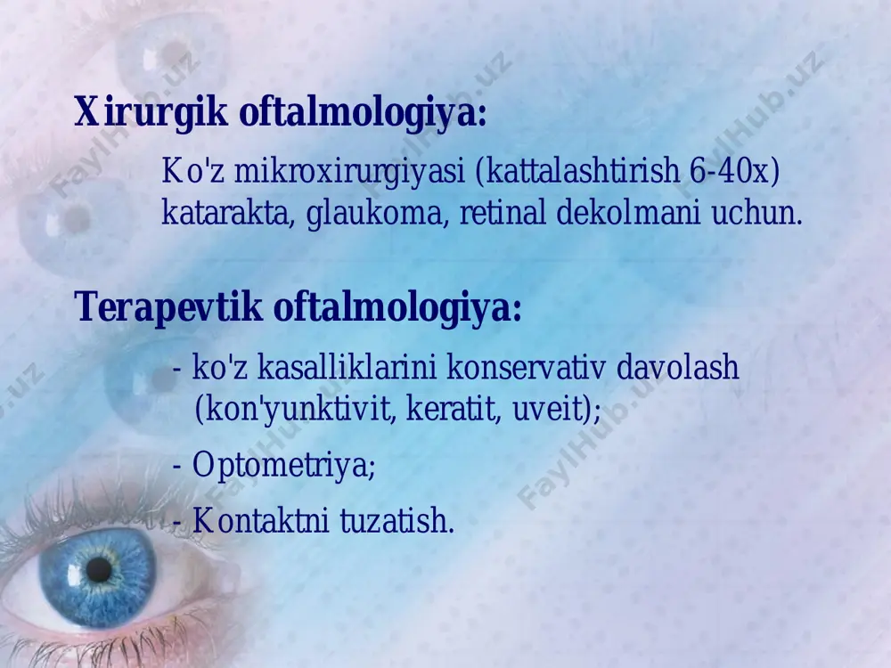 atlarning birinchisi fibroz parda, ikkinchisi (o'rta) tomirli qavat (qon tomirlarga boy) va uchinchisi to'r pardadir. 1. fibroz parda — ko'zning eng tashqi qavati bo'lib, ikki qismdan iborat, uning oldingi 1/6 qismi — shox parda va qolgan 5/6 qismi — oqsil parda (sclera) dir. 2. tomirli parda — (tunica vasculosa tractus uvealis) 3 qismdan iborat: a) rangdor parda (iris), b) kipriksimon tana (corpus ciliaris), v) xususiy tomirli parda (chorioidea) 3. to'r parda — (tunica nevrosa seu retina) ko'z soqqasining eng ichki qavati bo'lib, juda yupqa, yarim tiniq to'rsimon tuzilishga ega. bu parda ko'z tomirli qavati ichki sathini berkitib yotadi. to'r pardaning o'ziga xos maxsus tuzilgan ikki katta qismi bo'lib, uning birinchisi — 2/3 qismi — markaziy optik qismi ko'rish vazifasini bajaruvchi nerv hujayralaridan tashkil topgan. ko'zning yordamchi qismlari 1. qovoqlar-(palpebrae). yuqori va pastki qovoqlar kon tomirlar va nervlar bilan yaxshi ta'minlangani sababli juda harakatchanlikka moslashgan. bu ko'zning muhofazasi uchun juda muhimdir. …