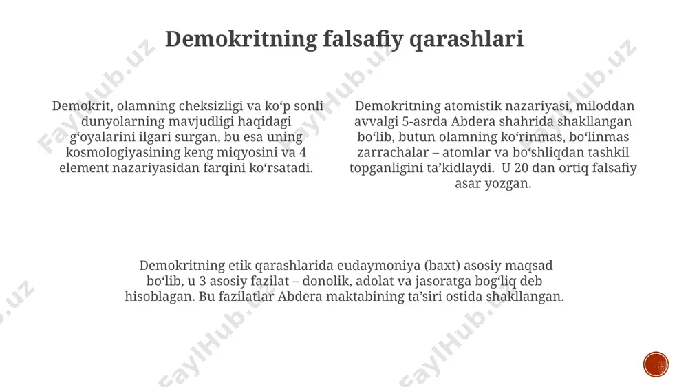 y atom nazariyasining asosini tashkil etdi. uning nazariyasi boʻyicha atomlar turli shakl, oʻlcham va ogʻirlikka ega boʻlib, boʻshliqda harakatlanib, bir-biri bilan toʻqnashib, turli moddalarni hosil qiladi. masalan, 100 ta turli xil atom birlashishi mumkin. demokrit atom nazariyasi, miloddan avvalgi 5-asrda, qadimgi yunonistonda, moddaning boʻlinmas eng kichik zarrachalardan – atomlardan tashkil topganligi haqidagi fikrni ilgari surdi. e'tiboringiz uchun rahmat @taqdimot_robot image1.png image2.png image3.png image4.png image5.png image6.png