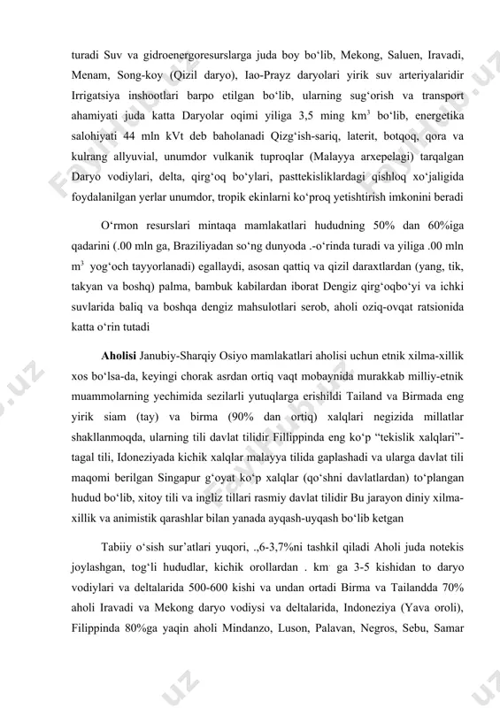 ‘ri keladi aholi ma’lumoti va intallektual salohiyati iqtisodiy rivojlangan mamlakatlar darajasiga yaqinlashib bormoqda xo‘jaligi mustamlaka davrida mintaqa iqtisodiyotining rivojlanishi agrar xom ashyo yo‘nalishida, ko‘p ukladli mayda tovar ishlab chiqarish va eksport ekinlari yetishtirish (yirik plantatsiya xo‘jaligi), qazib beruvchi sanoat rivojlangan bo‘lib, murakkab ijtimoiy-iqtisodiy tarkibga ega edi xx asrning 70-yillaridan boshlab mintaqa iqtisodiyoti mamlakatlarida muhim tarkibiy o‘zgarishlar yuz bergan yaim tarkibida qishloq xo‘jaligi ulushining qisqarishi va bir vaqtning o‘zida zamonaviylashuvi, ishlov beruvchi sanoatning diversifikatsiyasi, yangi o‘ta zamonaviy tarmoqlarning yuzaga kelishi, imltalab va kapitaltalab ishlab chiqarishning doimiy va barqaror o‘sib borishi harakterli bo‘lib qoldi jumladan, keyingi .5 yilda yaim o‘rtacha o‘sish sur’atlari indoneziyada 6-7%, filippinda 885% va singapurda 7-8%ni tashkil qildi iqtisodiyot sektorlari, bo‘limlari o‘rtasidagi o‘zgarishlar murakka yuksak texnologiya va yuqori malakali ishchi kuchi talab qiluvchi sektorlar hissasining ortishi hisobiga yuz bermoqda xx asrning 70 – yillaridan boshlab esa mintaqa mamlakatlari (indoneziyada “yangi tartib”, filippinda “yangi jamiyat”, malayziyada “yangi iqtisodiy siyosat”) davlat …