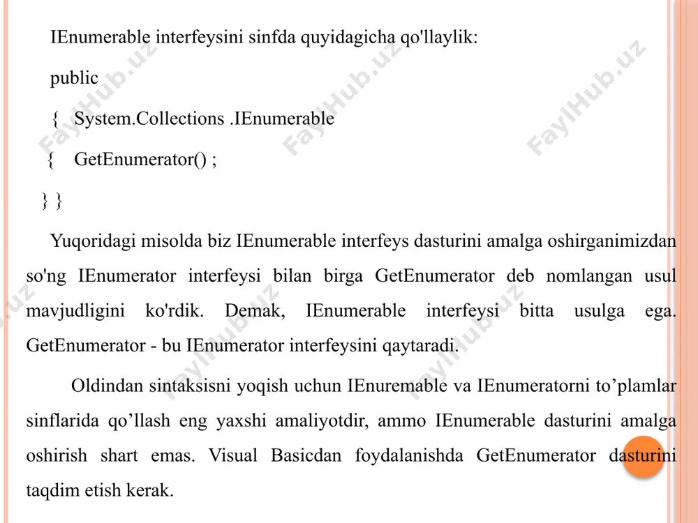 kerak. buning o'rniga, dastur oddiygina notsupportedexceptionni tashlashi mumkin. ienumerator interfeysining umumiy ko’rinishi: { bool movenext(); // to’plamda hisoblagichni bitta oldinga siljitadi. object currect {get; } // joriy element kiritiladi. void reset(); // hisoblagichning boshiga o’tiladi. } foreachdan operatoridan foydalanmasdan ienumerator interfeysi yordamida to’plam hosil qilaylik: using system; using system.collections; namespace sonlar { class program { static void main(string[] args) { int[] raqamlar = { 0, 1, 2, 3, 4, 5, 6, 7, 8, 9 }; ienumerator ie = raqamlar.getenumerator(); // ienumeratordan foydalanamiz while (ie.movenext()) { int item = (int)ie.current; // joriy element olamiz console.writeline(item); } ie.reset(); // ko'rsatgichni massiv boshiga o'rnatadi console.read(); } } } natija: ienumerable va ienumerator interfeyslaridan foydalanish ienumerable va ienumerator interfeysi - ushbu ikkita nomni o'qiyotganda albatta, chalkashishimiz mumkin, shuning uchun bu ikkalasining orasidagi farqni ko’rib chiqamiz. ienumerable va ienumerator ikkalasi ham interfeysdir. ienumerableda getenumerator deb nomlangan bitta usul mavjud. ushbu usul ienumerator interfeysi bo'lgan boshqa …