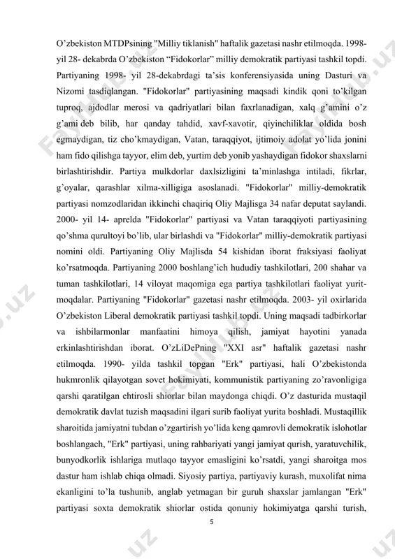 tik partiyasi tashkil topdi. uning maqsadi tadbirkorlar va ishbilarmonlar manfaatini himоyа qilish, jamiyat hayotini yanada erkinlashtirishdan iborat. o’zlidepning "xxi asr" haftalik gazetasi nashr etilmoqda. 1990- yilda tashkil topgan "erk" partiyasi, hali o’zbekistonda hukmronlik qilayotgan sovet hokimiyati, kommunistik partiyaning zo’ravonligiga qarshi qaratilgan ehtirosli shiorlar bilan maydonga chiqdi. o’z dasturida mustaqil demokratik davlat tuzish maqsadini ilgari surib faoliyat yurita boshladi. mustaqillik sharoitida jamiyatni tubdan o’zgartirish yo’lida keng qamrovli demokratik islohotlar boshlangach, "erk" partiyasi, uning rahbariyati yangi jamiyat qurish, yaratuvchilik, bunyodkorlik ishlariga mutlaqo tayyor emasligini ko’rsatdi, yangi sharoitga mos dastur ham ishlab chiqa olmadi. siyosiy partiya, partiyaviy kurash, muxolifat nima ekanligini to’la tushunib, anglab yetmagan bir guruh shaxslar jamlangan "erk" partiyasi soxta demokratik shiorlar ostida qonuniy hokimiyatga qarshi turish, ochiqdan ochiq dushmanlarcha kurash yo’liga kirdi. 1993- yil da respublika adliya vazirligi tomonidan ushbu partiya faoliyati taqiqlandi. uning sobiq raisi qamoq jazosidan qutulib qolish niyatida chet elga qochib ketishga ulgurdi va u yerda ham …