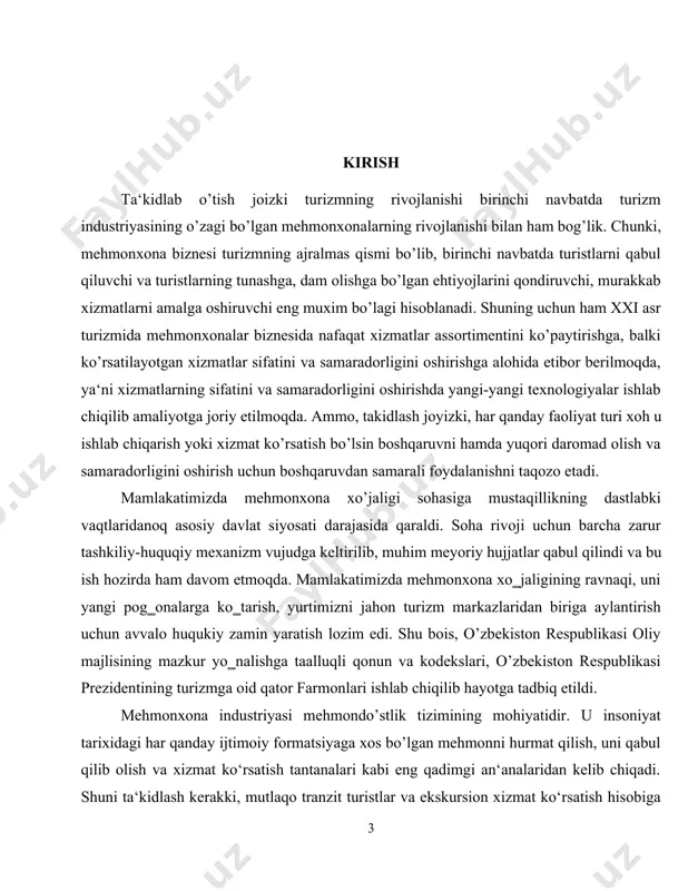 agi mehmonxonalarga bo’lgan talabni qondirishga katta hissa qo’shdi. ushbu mehmonxona 47 ta xonadan iborat bo’lib bir vaqtda 120 ta mehmonga xizmat ko’rsatadi oladi. hozirgi vaqtda mehmonxonada 17 nafar xodim mehnat faoliyatini olib boradi. ulardan mehmonxona menejeri, buxgalter , adminstratorlar,oshpaz, tozalovchilar, ofisiantka va boshqa texnik xodimlarni keltirish mumkin. mehmonxona o’zing zamonaviy tashqi ko’rinish dizayniga ega.shuningdek, mehmonxonada mehmonlarga qulaylik hamda zarur qo’shimcha shart-sharoitlar yaratish maqsadida qo’shimcha xizmatlar ham joriy etilgan bo’lib bulardan kir yuvish, quritib dazmollash xizmati, qo’shimcha taom tayyorlash xizmati( aslida bir mahal nonushta narxga kirtilgan) , basseyn, sauna, massaj xizmatlari tashkil etilgan. “andijon mobile” mchj karvonsaroy mehmonxonasining boshqaruv strukturasi chizmasi oshpazlar sanitarkalar barmenlar ofitsiant(ka)lar adminstratorlar bevosita xizmat ko’rsatuvchilar bilvosita xizmat ko’rsatuvchilar menedjer bog’bon santexnik elektrik texnik xodimlar mehmonxona boshlig’i buxgalter sanitarkalar oshpazlar bilvosita xizmat ko’rsatuvchilar 2.”andijon mobile”mchj karvonsaroy mehmonxonasining tashqi va ichki rivojlantirish omillari turizm va mehmondo’stlik sanoatining jadal va barqaror rivojlanishga qaramay, uning holati va istiqbollari tashqi va ichki …