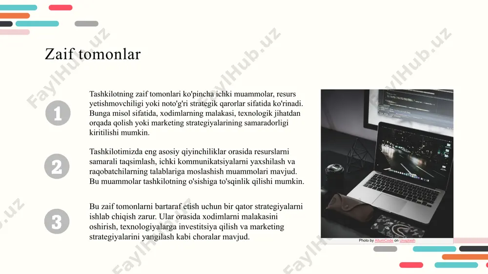 ar birgalikda ishlash orqali resurslarni samarali ishlatish va yangi bozorlarni o'zlashtirish imkoniyatiga ega bo'ladi. kelajakda qiymat zanjiri raqobatbardoshlikni baholashning ahamiyati raqobatbardoshlikni baholashning ahamiyati: 1. raqobatbardoshlik tushunchasi: bu, korxonaning bozor sharoitida muvaffaqiyatli ishlash qobiliyatini anglatadi. 2. maqsadlar: raqobatbardoshlikni baholash, raqobatchilarni tahlil qilish va strategiyalarni ishlab chiqish uchun asos yaratadi. 3. jarayonning xususiyatlari: baholash jarayoni, ichki va tashqi omillarni, shu jumladan, kuchli va zaif tomonlarni, imkoniyatlar va tahdidlarni o'rganishni o'z ichiga oladi. bu tahlil, biznesning raqobatbardoshligini aniqlashda muhim ahamiyatga ega. photo by altumcode on unsplash tahlil vositalari raqobatbardoshlikni baholash uchun ishlatiladigan asosiy tahlil vositalari quyidagilardir: swot tahlili, qiymat zanjiri tahlili va harajatlar tahlili. har bir vosita o'zining xususiyatlari bilan ajralib turadi va raqobatdagi o'rni va imkoniyatlarni aniqlashda muhim ahamiyatga ega. swot tahlili kuchli va zaif tomonlarni, imkoniyatlar va tahdidlarni aniqlashga yordam beradi. qiymat zanjiri tahlili samaradorlikni oshirish uchun muhim jarayonlarni aniqlaydi. harajatlar tahlili esa resurslar va xarajatlarni optimallashtirishga yordam beradi, har bir …