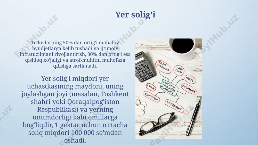 shilashga sarflandi, bu esa aholining hayot sifatini oshirishga olib keldi. qqsning asosiy maqsadi davlat byudjetini to'ldirish, infratuzilmani rivojlantirish va ijtimoiy dasturlarni moliyalashtirish uchun mablag'larni ta'minlashdir, bu o'zbekistonning iqtisodiy rivojlanishiga hissa qo'shadi. daromad solig'i toshkent shahri aholisi uchun daromad solig'i to'lovlari bo'yicha soliq inspektsiyasiga 2024-yilning 1-martigacha hisobot topshirish majburiy hisoblanadi, kechikish uchun jarima belgilanadi. 2022-yilda o'zbekiston bo'yicha daromad solig'i yig'imlari 10 trillion so'mdan oshdi, bu davlat byudjetining muhim qismini tashkil etadi va ijtimoiy infratuzilmani rivojlantirishga yo'naltiriladi. soliqlarning mohiyati va ahamiyati soliqlarning adolatli taqsimoti, masalan, progressiv soliq tizimi orqali, boy va kambag'allar orasidagi farqni kamaytirib, 200 dan ortiq mamlakatlarda ijtimoiy tengsizlikni pasaytirishga yordam beradi. soliqlar davlat byudjetining 50% dan ortig'ini tashkil etib, o'zbekiston kabi rivojlanayotgan mamlakatlarda ijtimoiy infratuzilmani rivojlantirishda muhim ahamiyatga ega. soliq tizimining tuzilishi солиқ тизимининг асосий элементлари, яъни солиқ кодекси, солиқ органлари (давлат солиқ қўмитаси каби) ва солиқ тўловчилар (жисмоний ва юридик шахслар) ўзбекистон бўйлаб 20 дан ортиқ вилоят ва …