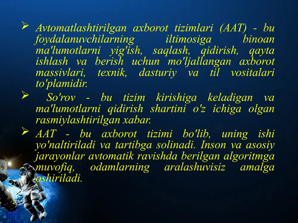 iqarishga tayyorgarlik tizimlari (itt); mahsulot sifatini nazorat qilish tizimlari (msnt); raqamli mashinalarni boshqarish tizimlari dasturiy ta'minoti (rmbt dt); avtomatlashtirilgan boshqaruv tizimlarining sanab o'tilgan turlarini har xil kombinatsiyalarda birlashtirgan btizimlar (masalan, avtomatlashtirilgan boshqaruv tizimlari-abt (gps) va boshqalar). aat klassifikatsiyasi apparat, dasturiy ta'minot, axborot ta'minoti, matematik, lingvistik, tashkiliy, uslubiy, huquqiy, ergonomik yordam avtomatlashtirilgan boshqaruv tizimining muhim tarkibiy qismlari hisoblanadi. zamonaviy abt dasturiy ta'minoti universal bo'lishi mumkin, uni yirik korxonalarda ishlab chiqarish jarayonining har qanday turi uchun ishlatish mumkin, yoki bu sohadagi o'rta va kichik korxonalarga xos. abt axborot ta'minoti ishlab chiqarishni boshqarish uchun zarur bo'lgan ko'plab hujjatlarni o'z ichiga oladi - qonuniy, me'yoriy, texnik, konstruktiv, texnologik, buxgalteriya hujjatlari va uning harakat sxemalari, turli tasniflagichlar, kodifikatorlar va elektron shaklda taqdim etilgan boshqa axborot massivlari. abt axborot bazasi - bu boshqaruv ob'ektlarini tavsiflovchi ko'rsatkichlar tizimi: binolar, inshootlar, uskunalar, xom ashyo va materiallar, ishlab chiqarilgan mahsulotlar, kadrlar, etkazib beruvchilar, xaridorlar, ishlab chiqarish ko'rsatkichlari va boshqalar. …