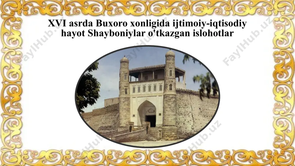 daryosining oqdaryo va qoradaryoga ayriladigan joyida suv ayirg'ichi-ko'prik qurdirgan. 11 ko'prik shayboniyxon avlodlari keyinchalik qashqadaryoning irmoqlaridan kesh viloyati yerlarini sug'orish uchun 10 dan ortiq kanallar qazitganlar. 1577-yilda buxoroda yirik usti berk savdo rastasi abdullaxon timi qurildi. nurota tumanidagi oqchob yaqinida beklarsoy darasida joylashgan qadimgi to'g'on qoldiqlari o'rnida ulkan band qurdirdi. abdullaxon bandi uning ravoqlarini to'g'on tepasida turib ochishi yoki bekitishi mumkin edi. shayboniylar davrida davlat boshqaruvi. 13 shayboniylar hukmronligi yularida oliy davlat idorasi dargoh deb atalgan. uning tepasida xon turgan. shayboniylar davlatida devonbegi (bosh vazir) lavozimi katta nufuzga ega bo'lgan. u davlatda moliya va xo'jalik ishlarini boshqargan. dodxoh mansabida ishlagan amaldor dargohga tushgan arizalarni qabul qilgan va ularga javob qaytargan. shuningdek, mamlakatda adolat mezonlariga amal qilinishini nazorat qilgan. muhim davlat mansablaridan yana biri ko'kaldosh mansabi edi. 14 dodxoh mansabida ishlagan amaldor shayboniylar davlatida eshikog'aboshi lavozimi ham bo'lgan. 15 u dargoh xavfsizligi, undagi tartib hamda kelgan-ketganlardan xabardor bo'lib turish masalalari bilan …