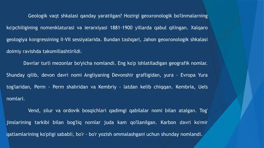 o'lgan ulkan meteoritning qulashi. kenozoy erasi kenozoy davri: 65,5 million yil oldin - bugun. bu sikl quyidagi davrlardan iborat: paleogen fazasi (65,5 - 23 million yil oldin). neogen sikli (23 million - 2 588 000 yil oldin). antropogen (toʻrtlamchi) bosqich (2.588.000 yil avval - bugungi kunda). neotsen - kelajakda golosen o'rnini bosadigan faraziy geologik davr. kelajak hali kelmaganligi sababli, uning qarashlari uchun ko'p variantlar bo'lishi mumkin. biroq, mutaxassislar dunyodagi hozirgi o'zgarishlar faktlari asosida ba'zi hodisalarni bashorat qilishlari mumkin: qit'alarning harakat yo'nalishi va tezligi, taxminiyyer o'qining qiyshayishi, okean oqimlarining yo'nalishi. yer sayyorasining tarixi taxminan 7 milliard yilni tashkil etadi. bu vaqt ichida umumiy uyimiz sezilarli o'zgarishlarga duch keldi, bu davrlarning o'zgarishi natijasi edi. geologik davrlar xronologik tartibda sayyoramizning paydo bo'lishidan to hozirgi kungacha bo'lgan butun tarixini ochib beradi. geologik xronologiya eonlar, guruhlar, davrlar va davrlar shaklida taqdim etilgan yer tarixi ma'lum bir guruhlangan xronologiyadir. birinchi xalqaro geologiya kongresslarida yerning davriyligini ifodalovchi …