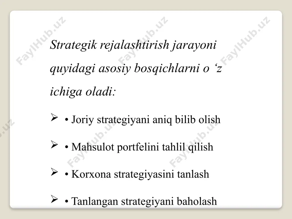 olimlar matritsalardan keng foydalanganlar. dji-i-makkenzi matritsasi. bu ko‘p o‘lchamli matritsa bo‘lib (bozoming «jozibaligi» korxonaning strategik vaziyati), bozorning jozibaligi darajalariga bog'liq holda korxona potensialidan samarali foydalanish bo‘yicha ko‘proq differensiallangan marketing qarorlarini qabul qilish imkonini beradi. (chizma) chizma. dji-i-makkenzi matritsasi bkgdan farqli ravishda bu matritsa baholashda qatnashadigan omillar sonini ancha ko‘paytiradi va barqaror bo‘lmagan rivojlanish sharoitlarida uni qo‘llash imkonini yaratadi. «bozor jozibaligi» ko‘rsatkichi quyidagi omillar kompleksi bilan ifodalanadi: • bozor o‘lchamlari va uning o ‘sishi shartlari; • narxlar darajasi; • foyda me’yori; • raqobat holati; • bozorga chiqish uchun to'siqlar; • huquqiy cheklovlar; • ijtimoiy roli va boshqalar. investitsion vaziyat korxona o'sishini ta’minlash uchun investitsiyalarning real va optimal kattaliklarinmg nisbati sifatida aniqlanadi. bozordagi vaziyat amaldagi bozor strategiyasining bozorda yetakchilikka erishish va potensial iste’molchilaming ixloslari nuqtayi nazardan optimal strategiyaga nisbati bilan baholanadi. korxona potensialining ahvolini uning real ahvolining ishlab chiqarish, xodimlar, moliya va marketingni samarali boshqarishga erishish nuqtayi nazaridan optimal holatiga nisbati bilan …