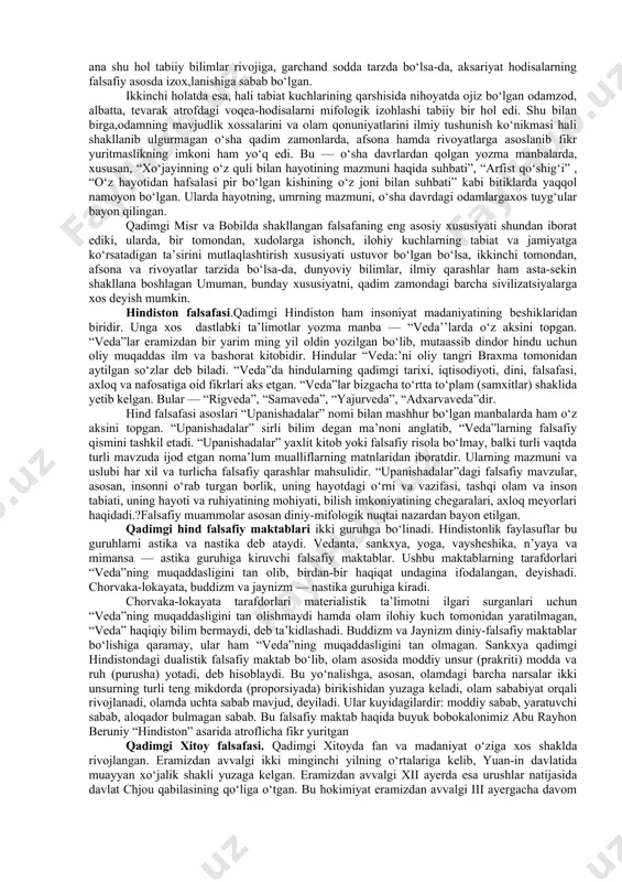 kan ta’sir ko‘rsatganini doimo esda tutish darkor. sharq madaniyati taraqqiyotining ilk davrlari deganda, ko‘pgina mutaxassislar bizning vatanimiz o‘tmishini, misr, bobil yea insoniyat tarixining eng qadimgi sivilizatsiyalaridan biri bo‘lgan shumer davrlarini esga oladi. bularning har biri insoniyat tarixida jamiyat hayoti, qadriyatlar tizimining o‘ziga xosligi, boshqarish va iqtisodiy jarayonlarning muayyan tarzda namoyon bo‘lishi bilan tavsiflanadi. ushbu madaniyat o‘choqlari haqida maktab ta’limi jarayonida “eng qadimgi tarix” darsliklari orqali ma’lumot berilgan. zukko talabalar o‘sha davrlarda qanday siyosiy jarayonlar kechgani, qanday podsholik va imperiyalar bo‘lganini yaxshi biladi. biz bugun o‘sha davrlardagi falsafiy dunyoqarash, qadimgi ajdodlarimizning fikr-mulohazalari, o‘ziga xos ta’limotlarining asosiy tamoyillari bilan yaqinroq tanishmoqchimiz. ko‘hna sharq sivilizatsiyasining beshiklaridan biri bo‘lgan misr, qadimgi zamonda ilk o‘troq hayot va o‘ziga xos dehqonchilik an’analari boshlangan nil daryosi bo‘ylaridagi madaniyat dunyo olimlari diqqatini tortib keladi. qadimgi misr va bobil falsafasi. eramizdan avvalgi to‘rtinchi ming yillikning oxiri va uchinchi ming yillik boshlarida qadimgi misr va bobil hududida dastlabki diniy-falsafiy fikrlar, …