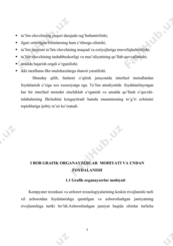 ste’mol etiladi. shuning uchun bu jamiyatda aqliy mehnat darajasi oshadi. insondan ijodiy qobiliyat talab etiladi, bilimlarga ehtiyoj oshadi. axborotlashgan jamiyatning moddiy va texnologik negizini kompyuter texnikasi va kompyuter tarmoqlari, axborot texnologiyalari, telekommunikatsiya aloqalari asosidagi turli xil tizimlar taslikil etadi. axborotlashgan jamiyat — faoliyat ko'rsatuvchilarning ko’pchiligi axborotni, ayniqsa uning oliy shakli bo‘lmish bilimlarni ishlab chiqish, saqlash, qayta ishlash va iste’molchilarga yetkazib berish bilan band bo‘lgan jamiyatdir. rivojlangan mamlakatlarda axborotlashgan jamiyat negizlari asta-sekin namoyon bo‘lmoqda. istalgan turar joy turli elektron uskunalar va kompyuterlashgan moslamalar bilan jihozlanmoqda. axborotlashgan jamiyatda insonlar faoliyati asosan axborotni qayta ishlashga qaratiladi, moddiy ishlab chiqarish va energiya ishlab chiqarish esa mashinalarga yuklanadi. axborotlashgan jamiyatga o‘tishda kompyuter va telekommunikatsiya axborot texnologiyalari negizida yangi axborotni qayta ishlash sanoati yuzaga keladi. axborotlashgan jamiyatning quyidagi xususiyatlarini ko‘rsatish mumkin: [2: s.i.mirhayitova “pedagogik texnologiya” muqimiy nomidagi qo`qon davlat pedagogika instituti, pedagogik texnologiya bo‘yicha o‘quv qo‘llanma. toshkent-2020] · axborot inqirozi muammosi hal etilgan, ya’ni axborot mo‘l- …