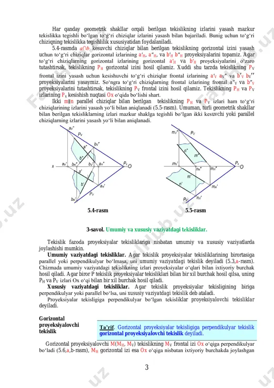 proyeksiyalarini yasaymiz. so‘ngra to‘g‘ri chiziqlarning frontal izlarining frontal a″v va b″v proyeksiyalarini tutashtirsak, tekislikning pv frontal izini hosil qilamiz. tekislikning ph va pv izlarining px kesishish nuqtasi ox o‘qida bo‘lishi shart. ikki m∥n parallel chiziqlar bilan berilgan tekislikning ph va pv izlari ham to‘g‘ri chiziqlarining izlarini yasash yo‘li bilan aniqlanadi (5.5-rasm). umuman, turli geometrik shakllar bilan berilgan tekisliklarning izlari mazkur shaklga tegishli bo‘lgan ikki kesuvchi yoki parallel chiziqlarning izlarini yasash yo‘li bilan aniqlanadi. 5.4-rasm 5.5-rasm 3-savol. umumiy va xususiy vaziyatdagi tеkisliklar. tekislik fazoda proyeksiyalar tekisliklariga nisbatan umumiy va xususiy vaziyatlarda joylashishi mumkin. umumiy vaziyatdagi tekisliklar. agar tekislik proyeksiyalar tekisliklarining birortasiga parallel yoki perpendikulyar bo‘lmasa, uni umumiy vaziyatdagi tekislik deyiladi (5.3,a-rasm). chizmada umumiy vaziyatdagi tekislikning izlari proyeksiyalar o‘qlari bilan ixtiyoriy burchak hosil qiladi. agar biror p tekislik proyeksiyalar tekisliklari bilan bir xil burchak hosil qilsa, uning ph va pv izlari ox o‘qi bilan bir xil burchak hosil qiladi. xususiy vaziyatdagi tekisliklar. …
