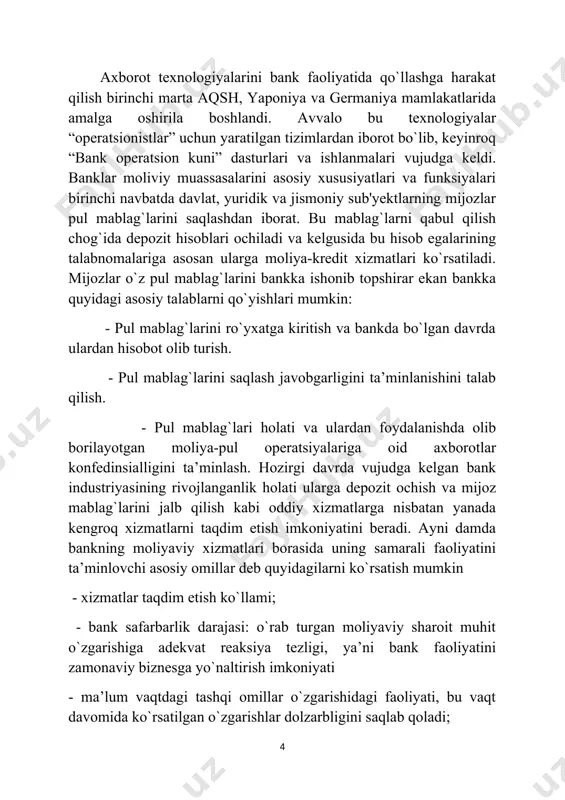 chatboti mijozlarning moliyaviy savollariga javob berib, tranzaksiyalarni boshqarishga yordam beradi. · 2. mobil banking va internet banking · funksiyasi: mijozlarga istalgan joydan bank xizmatlaridan foydalanish imkoniyatini berish. · imkoniyatlari: · hisob raqamini tekshirish, to‘lovlarni amalga oshirish. · kredit olish uchun ariza topshirish. · depozitlar bilan ishlash va xizmatlarni boshqarish. 3. elektron navbat tizimlari · funksiyasi: bank filiallarida mijozlarni elektron navbat orqali boshqarish. · afzalliklari: · navbat vaqtini optimallashtirish. · mijozlarga xizmat ko‘rsatish jarayonini shaffof qilish. 4. mijozlarni identifikatsiya qilishni avtomatlashtirish · biometrik tizimlar: yuzni tanish, barmoq izi va ovoz orqali mijozni aniqlash. · afzalliklari: · xavfsizlik darajasini oshirish. · mijoz identifikatsiyasini tezlashtirish. 5. ovozli yordamchilar · funksiyasi: mijozlarning ovozli buyruqlarini qabul qilib, xizmatlarni boshqarish. · misol: telefonda avtomatik javob berish tizimlari. 6. crm (customer relationship management) tizimlari · funksiyasi: mijozlar ma’lumotlarini boshqarish va shaxsiylashtirilgan xizmatlarni taqdim etish. · afzalliklari: · mijoz ehtiyojlarini oldindan tahlil qilish. · xizmat sifatini oshirish. avtomatlashtirishdan …