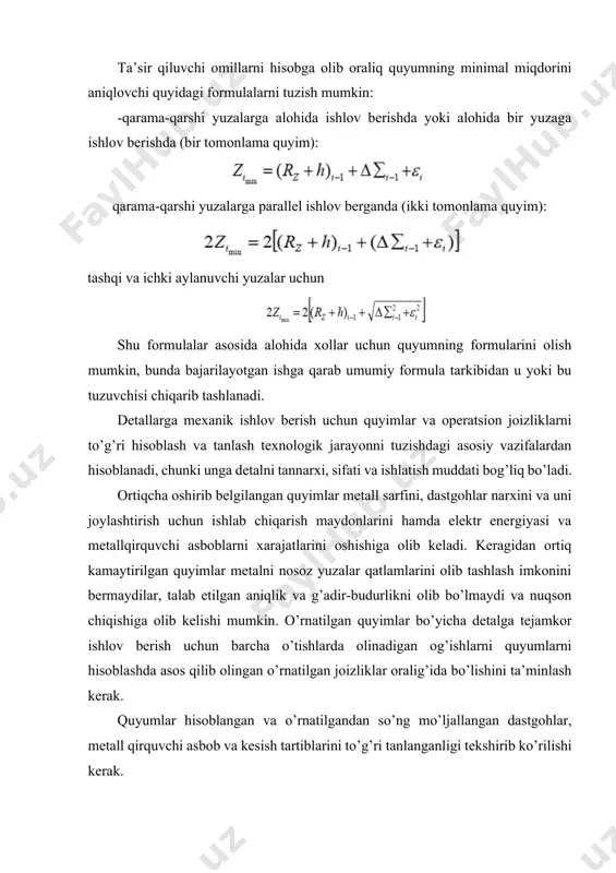 i olib tashlash imkonini bermaydilar, talab etilgan aniqlik va g’adir-budurlikni olib bo’lmaydi va nuqson chiqishiga olib kelishi mumkin. o’rnatilgan quyimlar bo’yicha detalga tejamkor ishlov berish uchun barcha o’tishlarda olinadigan og’ishlarni quyumlarni hisoblashda asos qilib olingan o’rnatilgan joizliklar oralig’ida bo’lishini ta’minlash kerak. quyumlar hisoblangan va o’rnatilgandan so’ng mo’ljallangan dastgohlar, metall qirquvchi asbob va kesish tartiblarini to’g’ri tanlanganligi tekshirib ko’rilishi kerak. shunday qilib ishlov berish quyimlari ishlov berilgan yuza sifati, materlalni eng kam sarfida detallar shakllarini o’lchamlarini aniqligi va detall tannarxiga nisbatan qo’yilgan talablarga mos kelishi kerak. bunday quyimlar muqobil hisoblanadi va ularni ishlov berishga belgilash o’ta muhim texnik iqtisodiy masala hisoblanadi. zamonaviy seriyali va ommaviy ishlab chiqarishlarda imkon darajasida ishlov berish quyimini maksimal kamaytirish va mexanik ishlov berishni kam yoki umuman talab etmaydigan tayyorlamalar olishga harakat qilinadi. yuqorida keltirilgan quyumni hisoblash va tayyorlamaning oraliq o’lchamlarini aniqlash usuli asosan katta seriyalab va ommaviy ishlab chiqarishda qo’llanadi. donalab va kichik seriyalab ishlab chiqarishda …