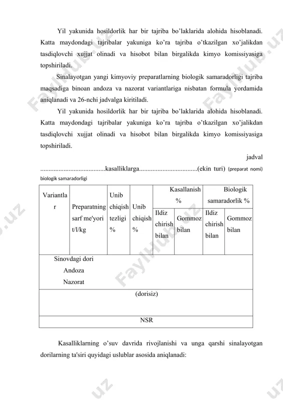 hosilni yig’ishdan oldin hisoblanadi. ildiz chirish kasalining rivojlanishi ham g’o’za rivojlanishining ikki davrida: g’o’za maysalari unib chiqqanda va yagonalashdan oldin hisoblanadi. kichik bo’lakli tajribalarda 7 metrdagi barcha o’simlik hisobga olinadi. ishlab chiqarish sharoitidagi yirik tajribalarda esa, har gektar maydonning 10 joyidan (shaxmat usulida) 10 tadan o’simlik hisobga olinadi va kasallanish darajasi aniqlanadi. sinalayotgan dorining gommoz kasalligi ta'sirini o’rganishda uning chigit, barg, chin barg, poya va ko’sak shakllari alohida hisob qilinadi va kasallanish darajasi ildiz chirishni hisobga olish uslubi asosida aniqlanadi. makrosporioz kasalligi ham 2 marta: yagonalashgacha bo’lgan davrda va ko’sak ochilganda, 1 ga maydonning har biri 1 m2 dan bo’lgan 10 joyidan namuna - o’simlik olish yo’li bilan hisoblanadi. o’simlikning rivojlanish davrida uchraydigan kasalliklarga qarshi dorilarni sinash o’simliklar rivojlanish davrida vertitsillyoz va fuzarioz viltlari, makrosporioz, parsha, un shudring va boshqa turdagi ko’plab kasalliklarga chalinadi. shuning uchun bu kasalliklarga qarshi o’simlikni rivojlanish davrida ham kimyoviy preparatlarni qo’llash tavsiya etiladi. kimyoviy dorilarni …