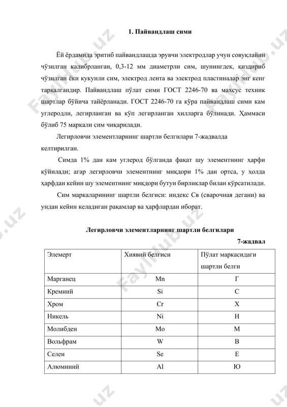 нинг турли хил хиллари шартли белгиларига эга: э—электрод тайёрлаш учун; о— мисланган; ш— электр-шлак, усулида эритиб олинган пўлатдан олинган; вд— вакуум –ёй усулида эритиб олинган пўлатдан олинган; ви— вакуум –индукцион печда эритиб олинган пўлатдан тайёрланган. диаметри 3 мм, маркаси св-08а бўлган, пайвандлаш учун мўлжалланган (эритиб қоплаш учун), сирти мисланган пайвандлаш симининг шартли белгиси мисол: проволка 3 св-08а гост 2246-70; диаметри 4 мм ли пайвандлаш сими, маркаси св-04х19н9, электродлар тайёрлаш учун мўжалланган: проволка 4св-0419н9— э гост 2246—70; диаметри 2 мм ли пайвандлаш сими, маркаси св-30х25н16г7, пайвандлаш учун (эритиб қоплаш учун) мўжалланган, электр-шлак усулида эритиб олинган пўлатдан тайёрланган: проволока 2 св-30х25 н16г7—ш гост 2246-70; диаметри 2,5 мм ли пайвандлаш сими, маркаси св-08хгсмфа, электродлар тайёрлаш учун мўжалланган, вакуум-индукцион печда эритиб олинган пўлатдан тайёрланган, сирти мисланган: проволока 2,5 св-08хгсмфа-вн-э-о гост 2246-70. симларни истеъмолчига ўрамларда келтирилади, етказиб берувчи билан келишилган ҳолда- тўғри тўртбурчак кесимли ўрамларда, ғалтакларга ўралган ҳолда шунингдек, кассеталарда. симнинг сирти тоза бўлиши (қасмоқлари, …
