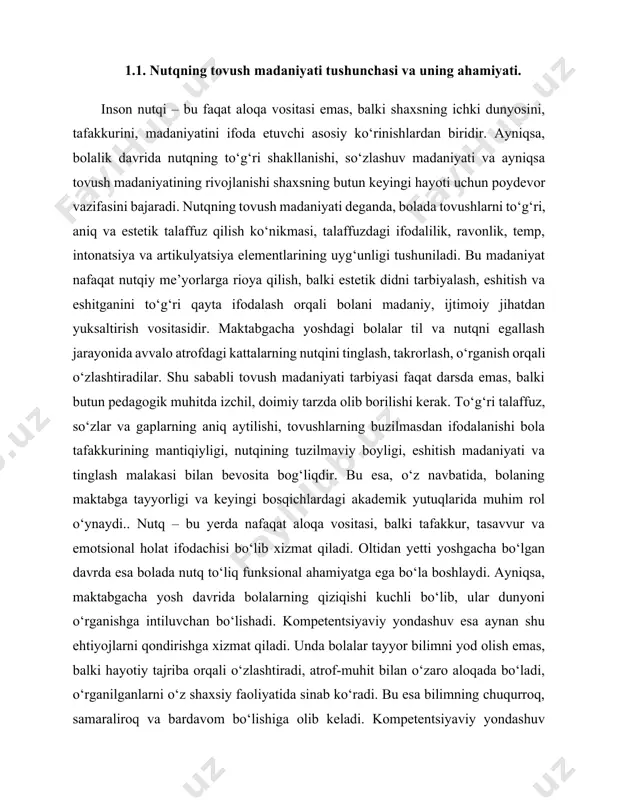 nlama tayyor, o‘z bilganini amaliyotda mustaqil qo‘llay oladigan shaxs sifatida shakllanadi. kompetentsiyaviy yondashuv nazariy jihatdan ko‘plab ilmiy manbalarda asoslab berilgan. xususan, unesco, oecd, hamda boshqa xalqaro tashkilotlar bu yondashuvni zamonaviy taʼlimning poydevori sifatida tavsiya qiladi. ushbu yondashuvning asosini bilim, ko‘nikma va munosabatning uyg‘unligi tashkil etadi. bu esa shaxsni turli hayotiy vaziyatlarga tayyorlash, mustaqil qaror qabul qilishga o‘rgatish imkonini beradi. aynan shu jihatlar uni an’anaviy bilimga yo‘naltirilgan yondashuvdan farqlab turadi. taʼlimda kompetentsiyaviy yondashuvni joriy etish orqali inson kapitalining sifat jihatdan o‘sishiga, innovatsion fikrlaydigan, o‘zgaruvchan hayotga moslasha oladigan yosh avlodni shakllantirishga erishiladi. bu yondashuvning maktabgacha taʼlimda qo‘llanilishi esa bolalarning dastlabki taraqqiyotiga asos yaratadi, ularni keyingi bosqichlarga puxta tayyorlaydi. shu sababli kompetentsiyaviy yondashuv bugungi kunda nafaqat dolzarb, balki zaruriy yondashuv sifatida qaralmoqda. tovush madaniyatining shakllanishi bola fonetik tizimining rivojlanishi, ya’ni har bir tovushni to‘g‘ri talaffuz qilish, ularni ajratish va og‘zaki nutqda to‘g‘ri ishlatish orqali amalga oshadi. shu bois bu jarayonni rivojlantirishda logopedik mashqlar, …