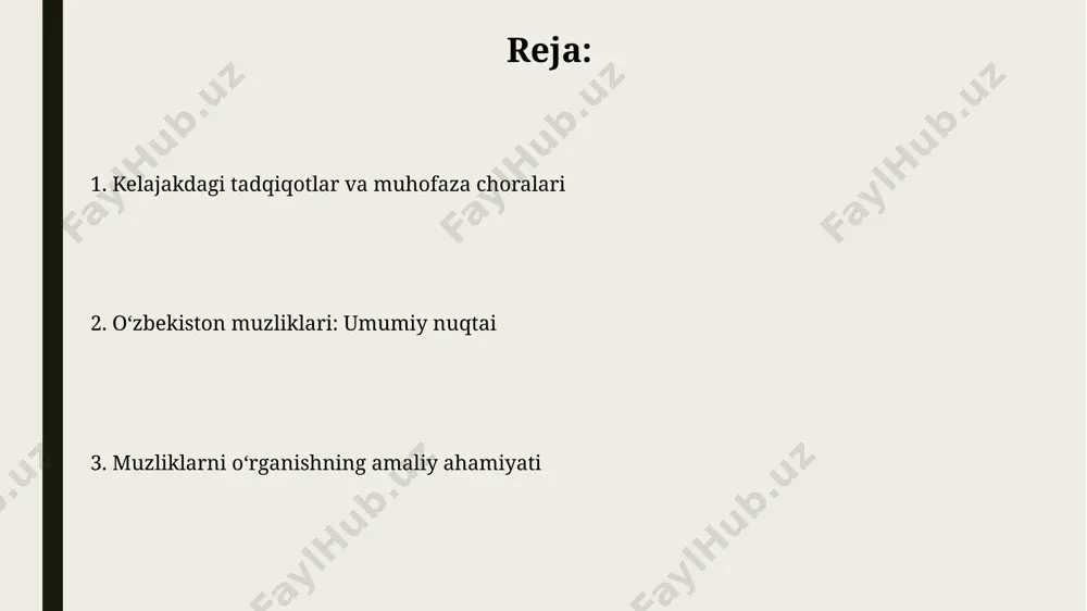 r qiladi. muzliklar oʻzbekistonning 500 dan ortiq daryolarining suv ta’minotining asosiy manbai hisoblanadi, jumladan, amudaryo va sirdaryo havzalaridagi 20% dan ortiq suvni ta’minlaydi. muzliklarning turizm salohiyati alay tog'laridagi 100 dan ortiq muzlikning go'zal manzarasi, tog'lik hududlarga sayohatlar sonini 15% ga oshirishi va mahalliy aholining daromadini ko'paytirishi mumkin. farg'ona vodiysidagi muzliklar, masalan, chatqol tizmasidagi muzliklar, ekoturizmning 20% gacha rivojlanishiga hissa qo'shishi mumkin, bu esa yiliga 5000 dan ortiq sayyohni jalb qilishi mumkin. muzliklarni monitoring qilish o‘zbekistonning tog‘li hududlaridagi 100 dan ortiq muzlikning holatini kuzatish uchun, zamonaviy dron texnologiyalari va fotogrammetriya usullari qo‘llanilmoqda. muzliklarning erish tezligini aniqlash uchun, farg'ona vodiysidagi 5 ta muzlikda o'rnatilgan avtomatlashtirilgan meteorologiya stansiyalari har 3 soatda ma'lumotlarni yuboradilar. muzliklarning tuzilishi va tarkibi uzumbuloq muzligida 2000 metr balandlikda o'rtacha zichligi 850 kg/m³ bo'lgan muz massalari kuzatilgan, bu esa uning tarkibida yuqori darajada qor kristallarining mavjudligini ko'rsatadi. chatqol tizmasidagi muzliklarda, masalan, chirchiq daryosi havzasida joylashganlarida, muzning yillik to'planish miqdori 1-2 …