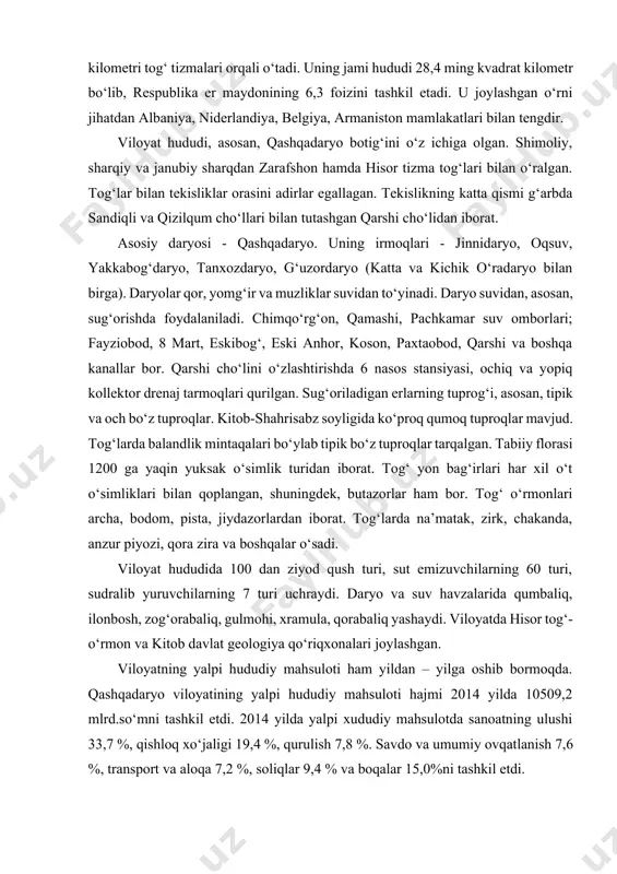sut emizuvchilarning 60 turi, sudralib yuruvchilarning 7 turi uchraydi. daryo va suv havzalarida qumbaliq, ilonbosh, zog‘orabaliq, gulmohi, xramula, qorabaliq yashaydi. viloyatda hisor tog‘-o‘rmon va kitob davlat geologiya qo‘riqxonalari joylashgan. viloyatning yalpi hududiy mahsuloti ham yildan – yilga oshib bormoqda. qashqadaryo viloyatining yalpi hududiy mahsuloti hajmi 2014 yilda 10509,2 mlrd.so‘mni tashkil etdi. 2014 yilda yalpi xududiy mahsulotda sanoatning ulushi 33,7 %, qishloq xo‘jaligi 19,4 %, qurulish 7,8 %. savdo va umumiy ovqatlanish 7,6 %, transport va aloqa 7,2 %, soliqlar 9,4 % va boqalar 15,0%ni tashkil etdi. viloyatning 2014 yilda tashqi savdo aylanmasi 637,2 mln. dollarni, shundan eksport 323,5 mln.dollarni import 313,7 mln.dollarni tashkil etdi. ushbu ko‘rsatkichlar paxta tolasi, kimyo mahsulotlari, mashinasozlik, qurulish materiallari va har-xil xizmatlar hisobiga to’g’ri keladi. import mahsulotlarida mashina va uskunalar, kimyo mahsulotlari, savdo, qora va rangli metalar hissasiga oshgan. surxondaryo viloyati - o‘zbekiston respublikasi tarkibidagi viloyat.1941 yil 6 martda tashkil etilgan (1925 yil 29 iyundan surxondaryo …